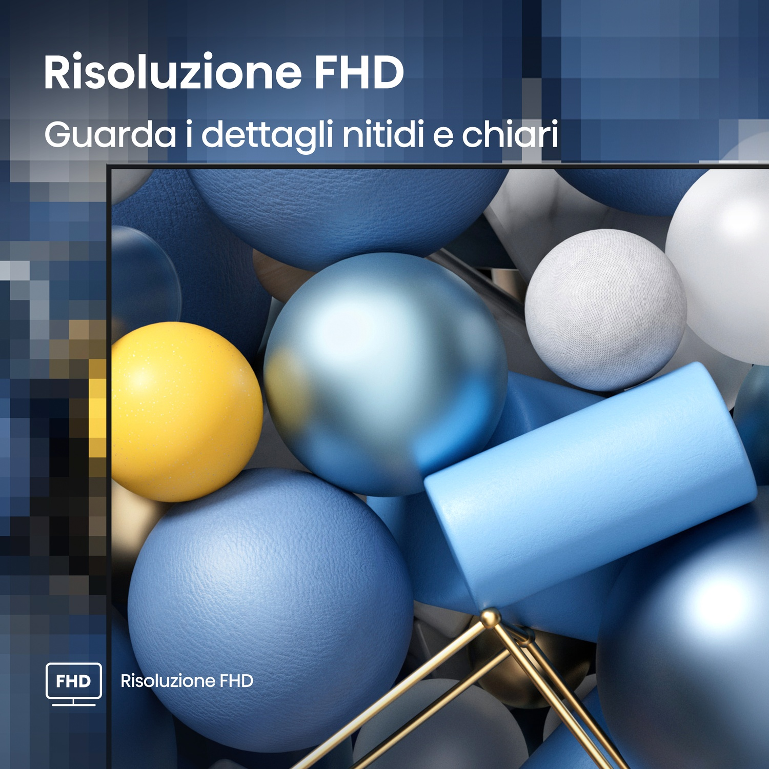 Primo piano di sfere colorate e forme geometriche. Giallo, blu e grigio argento dominano la scena.