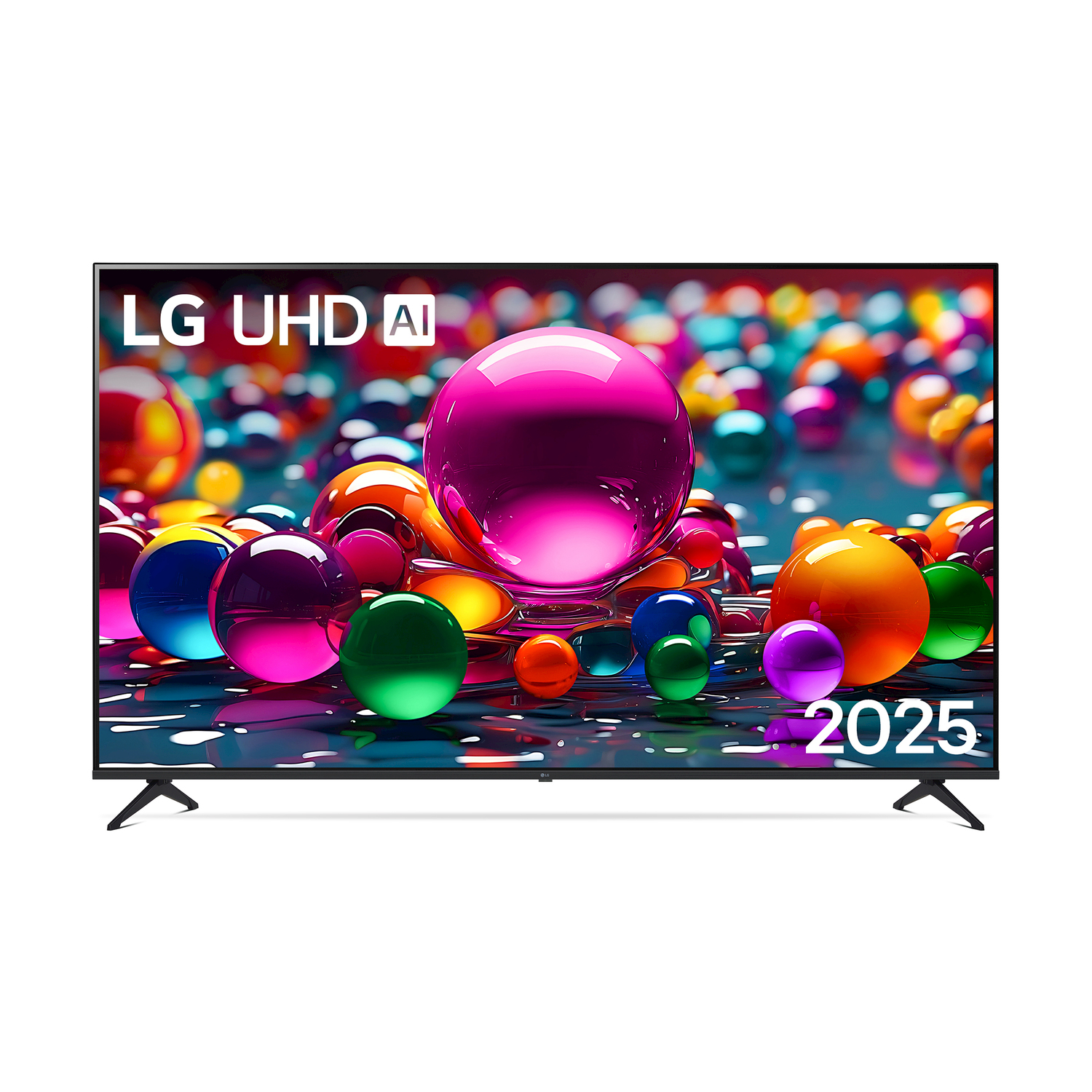 Un TV LG UHD AI con sfere colorate sullo schermo.