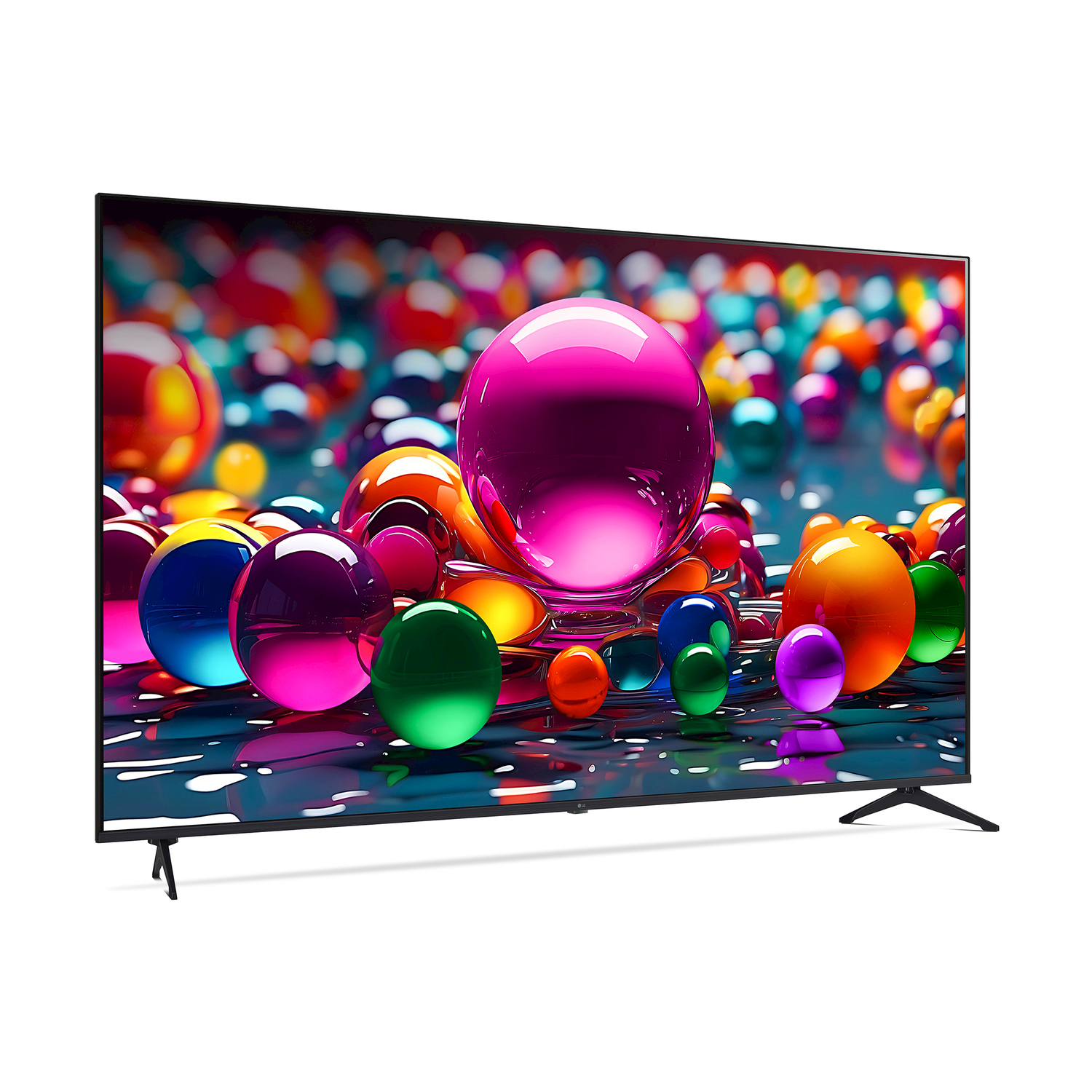 Una TV con sfere colorate fluttuanti sullo schermo, gambe nere e sfondo bianco.