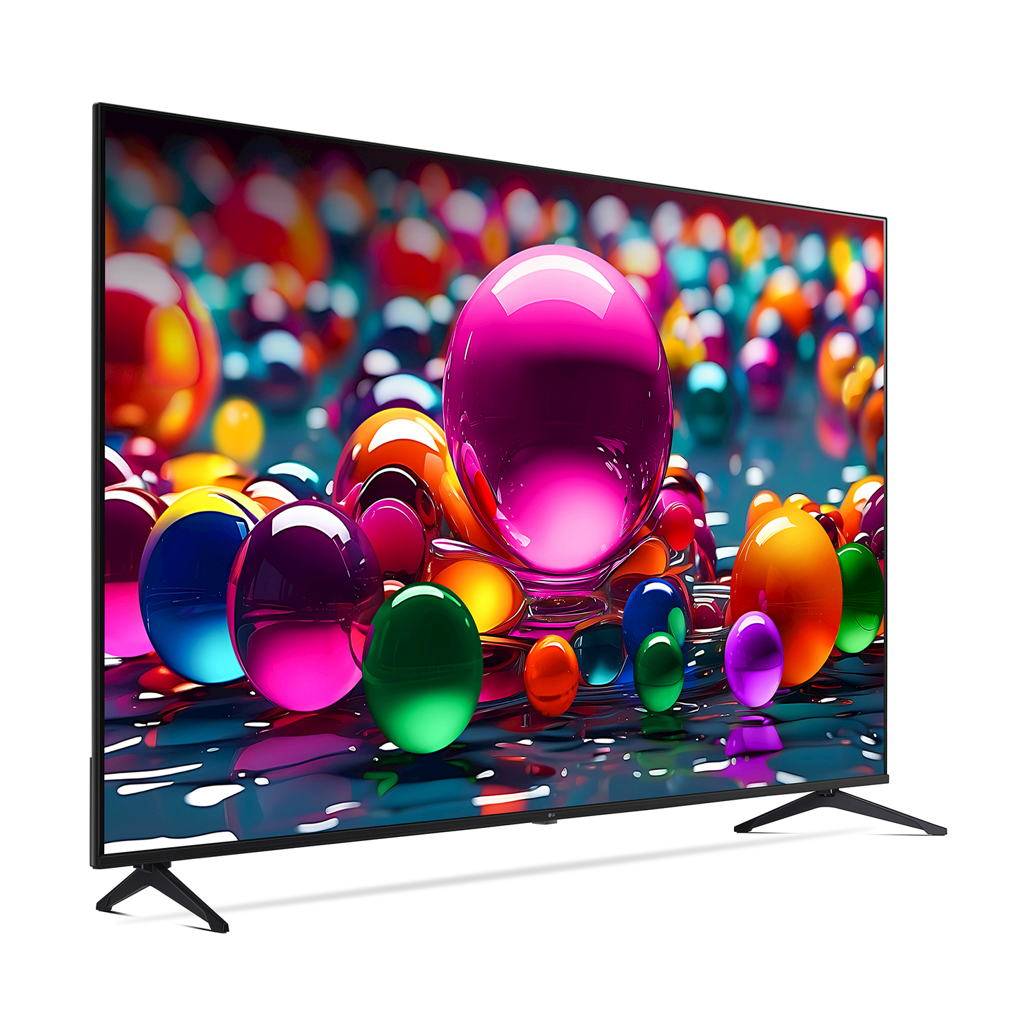 Un televisore mostra sfere colorate. Il televisore è su due gambe.
