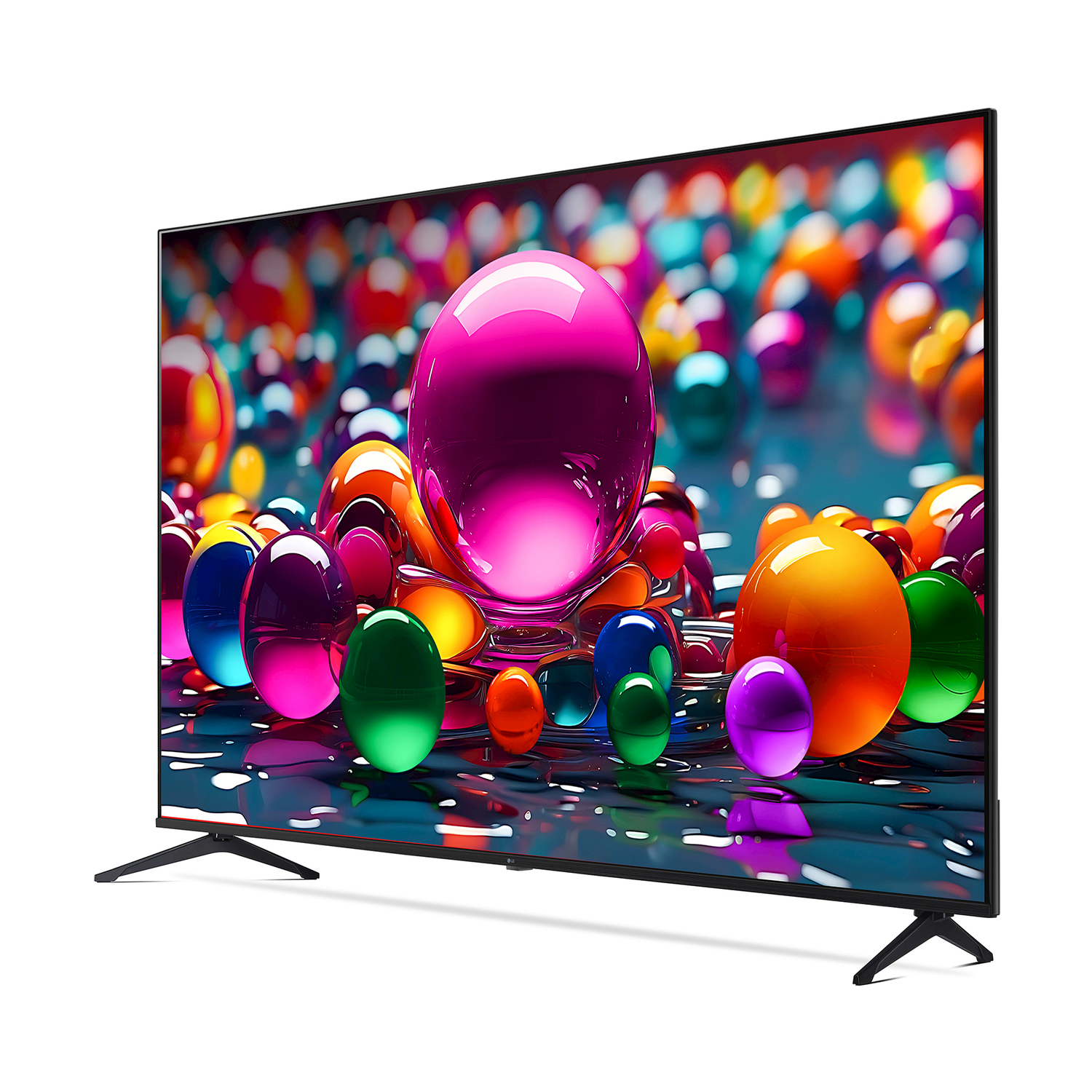 Una TV mostra sfere colorate. Lo schermo è circondato da una cornice nera.