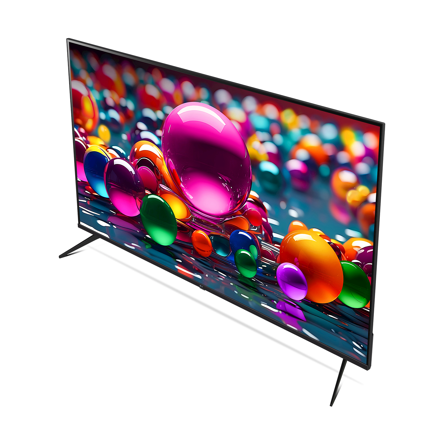 Un televisore mostra sfere colorate. Il televisore è su due gambe.