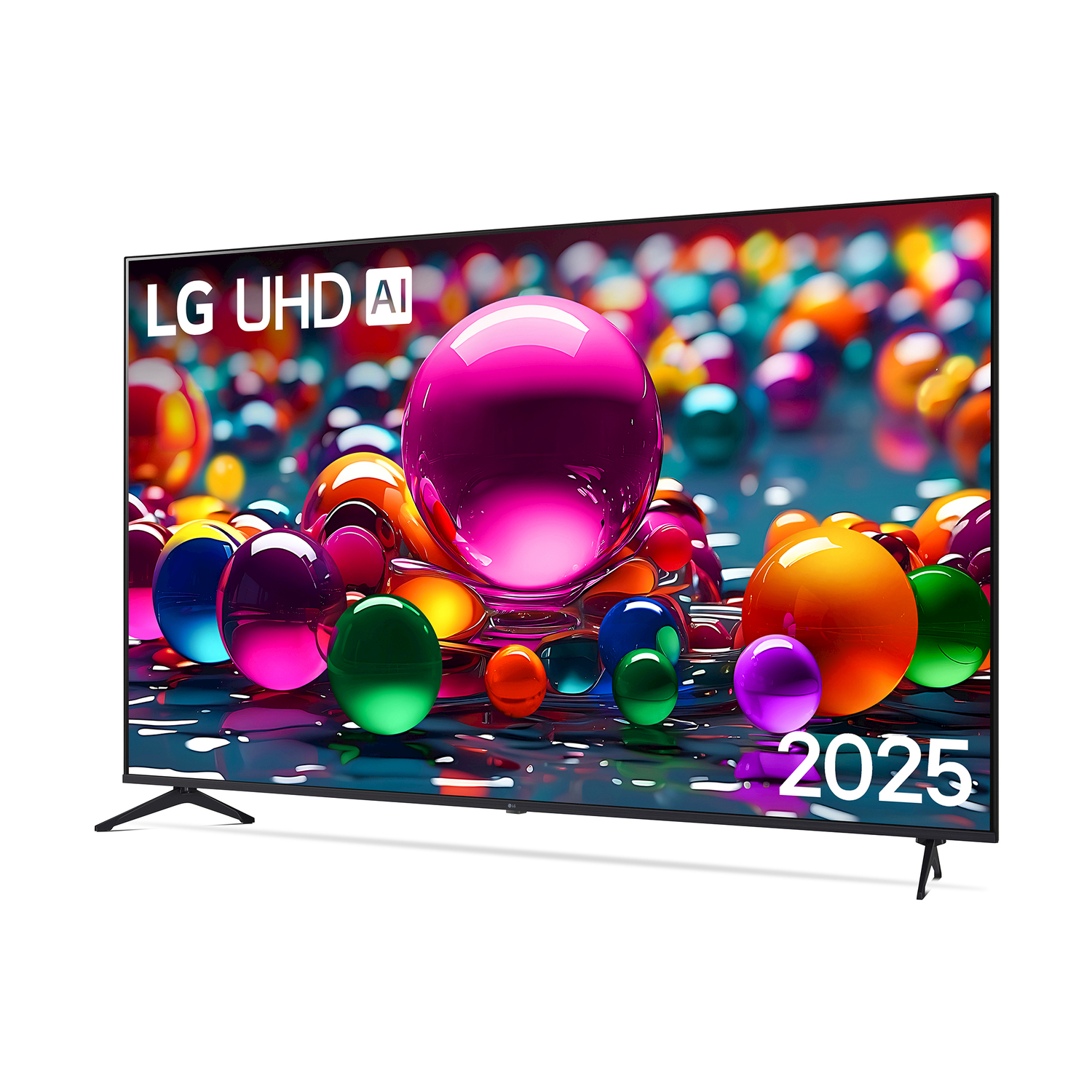 Un TV LG UHD AI con sfere colorate sullo schermo.