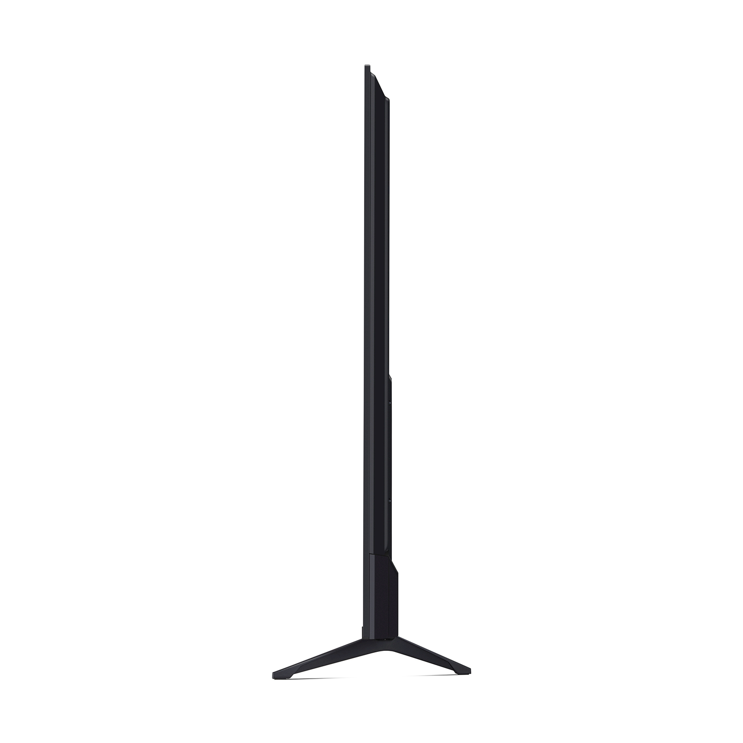 Una TV nera vista di lato, in piedi su sfondo bianco.