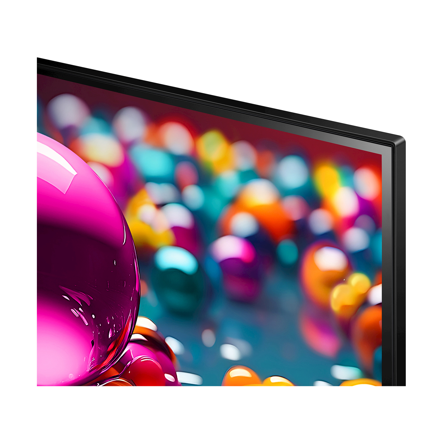 Primo piano di un angolo TV con sfere colorate sullo schermo.