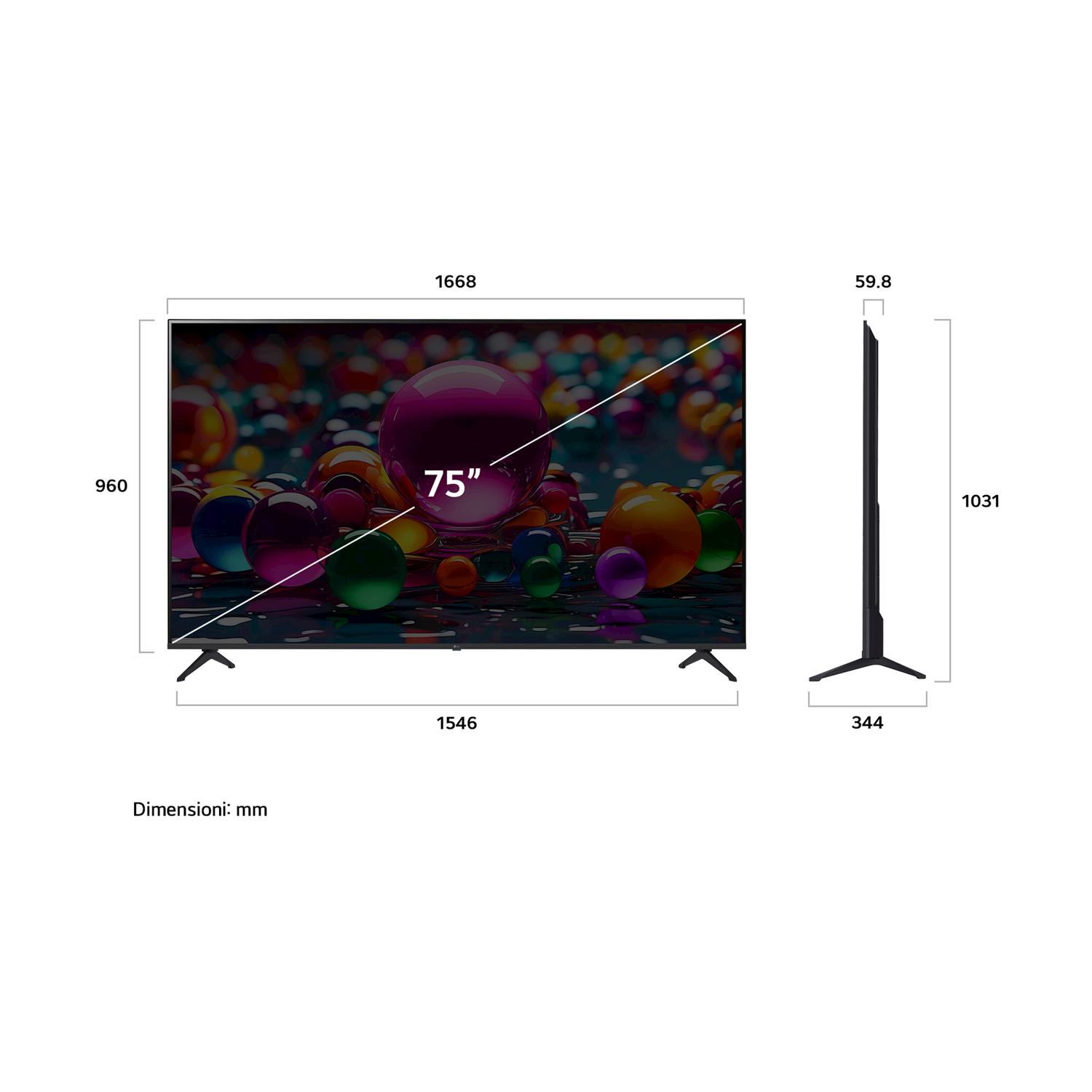 Un televisore con dimensioni e uno schermo che mostra sfere colorate.