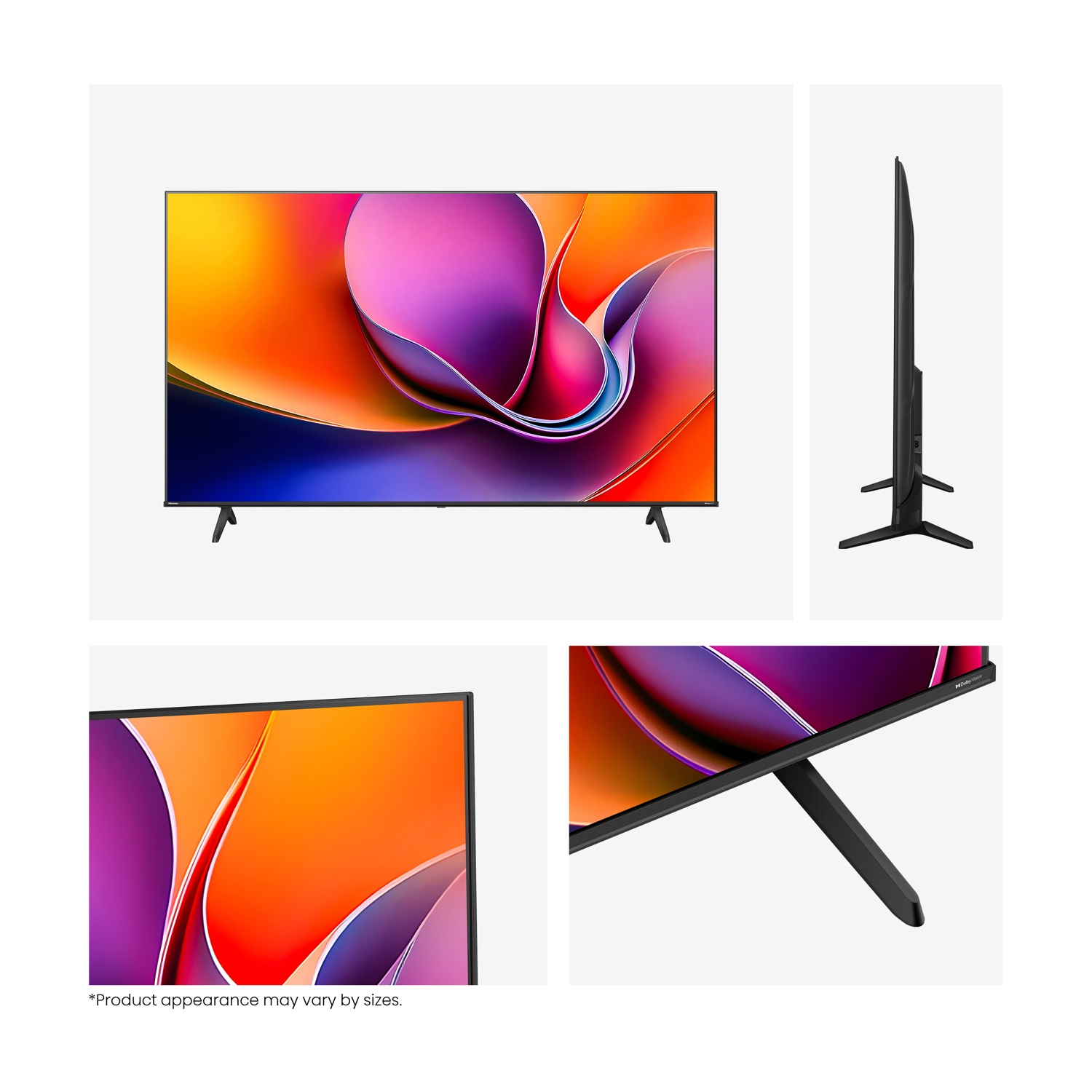 Diverse viste di una TV: schermo, lato, angolo e supporto.