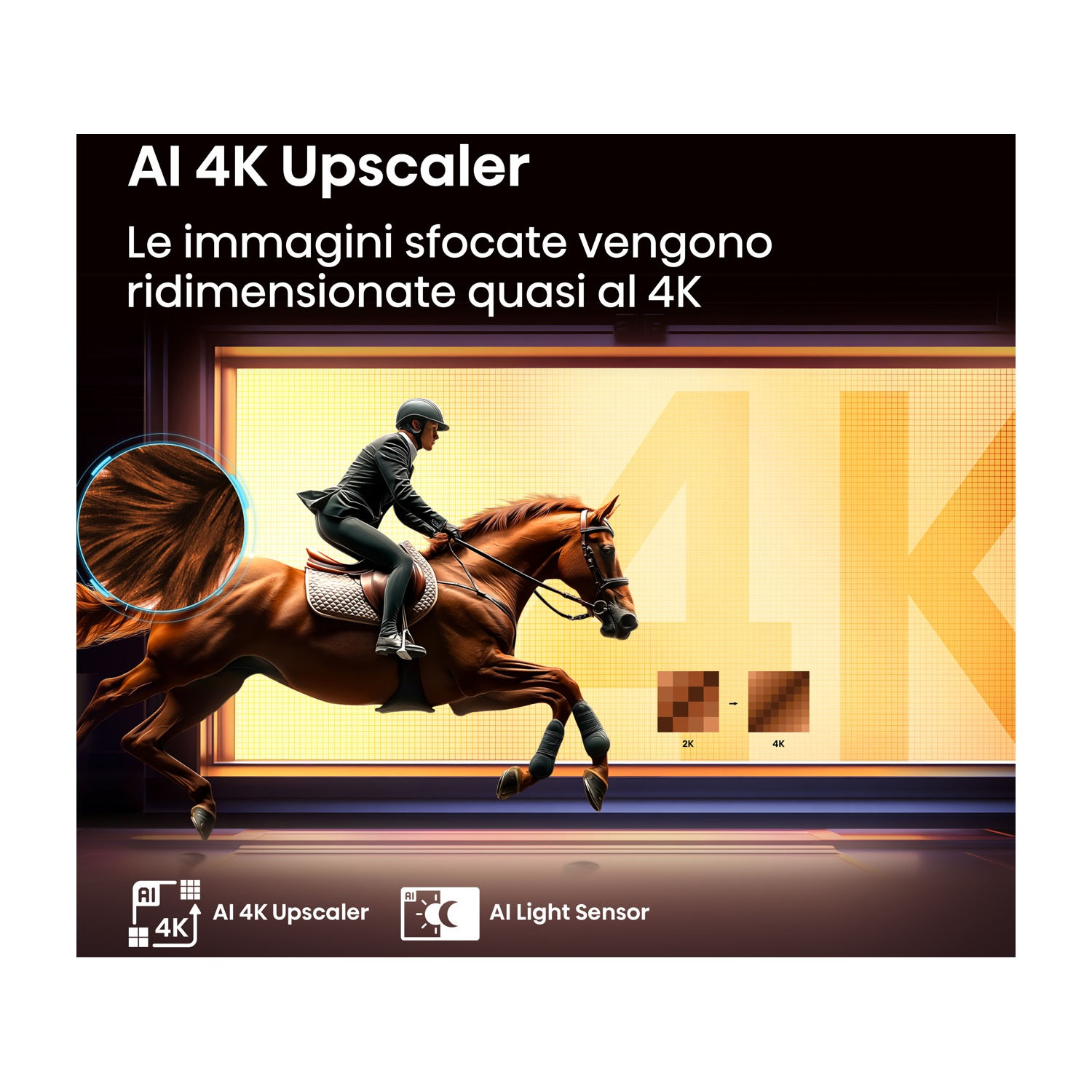 Un'immagine mostra un cavaliere e un cavallo, più una rappresentazione da 2K a 4K.