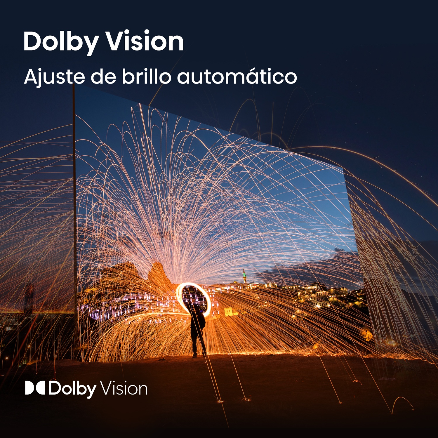 Scena notturna con fuochi d'artificio. Testo: Dolby Vision, regolazione automatica della luminosità.