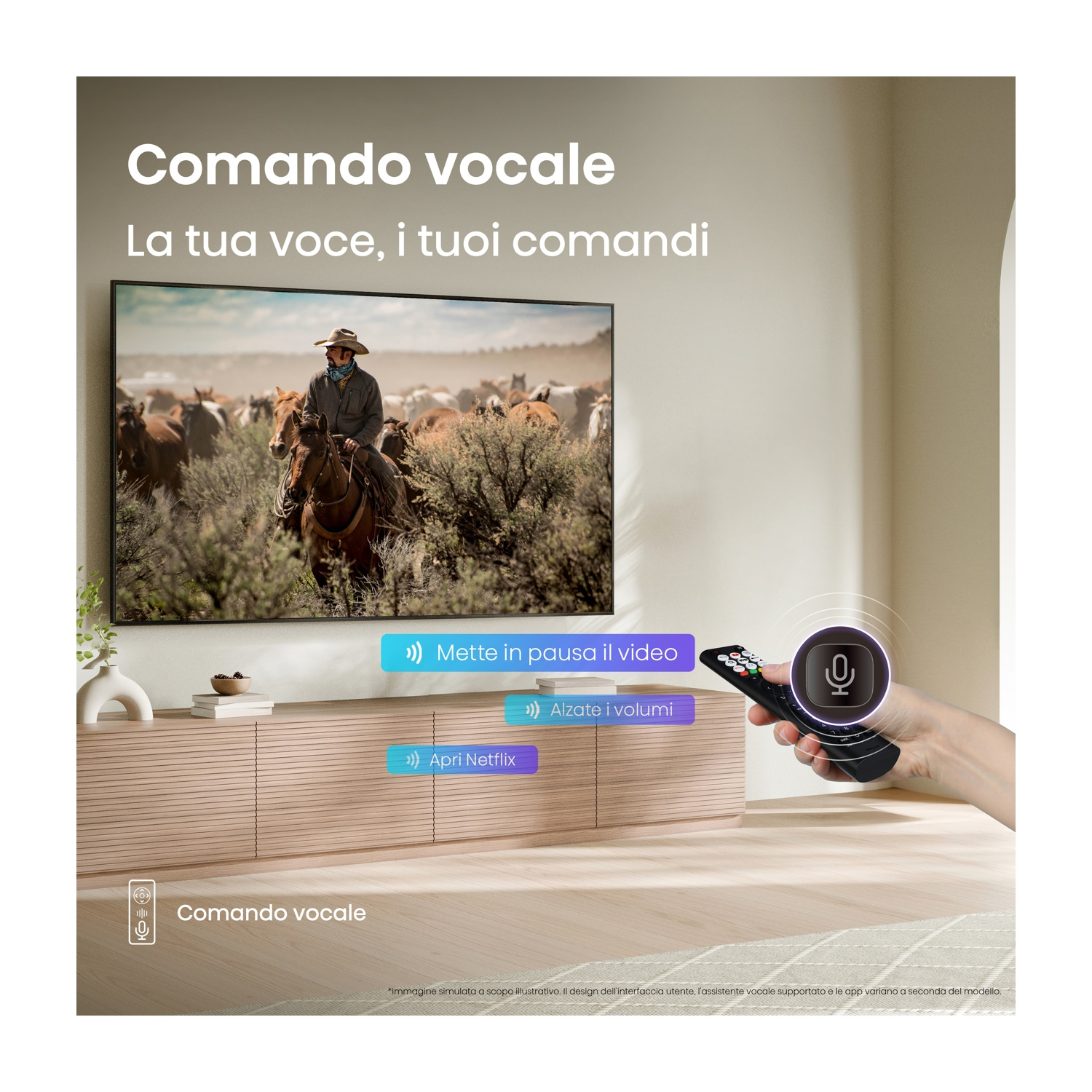 Persona con telecomando, TV mostra cavalieri a cavallo. Testo: Controllo vocale, pausa video, volume, Netflix.