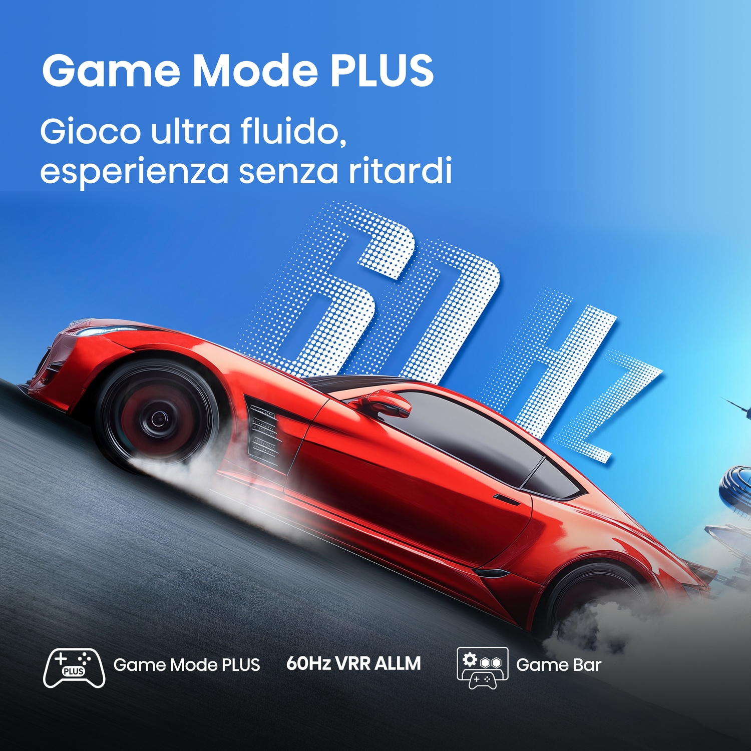Un'auto sportiva rossa su sfondo blu con testo "Game Mode PLUS" e grafica 60Hz.