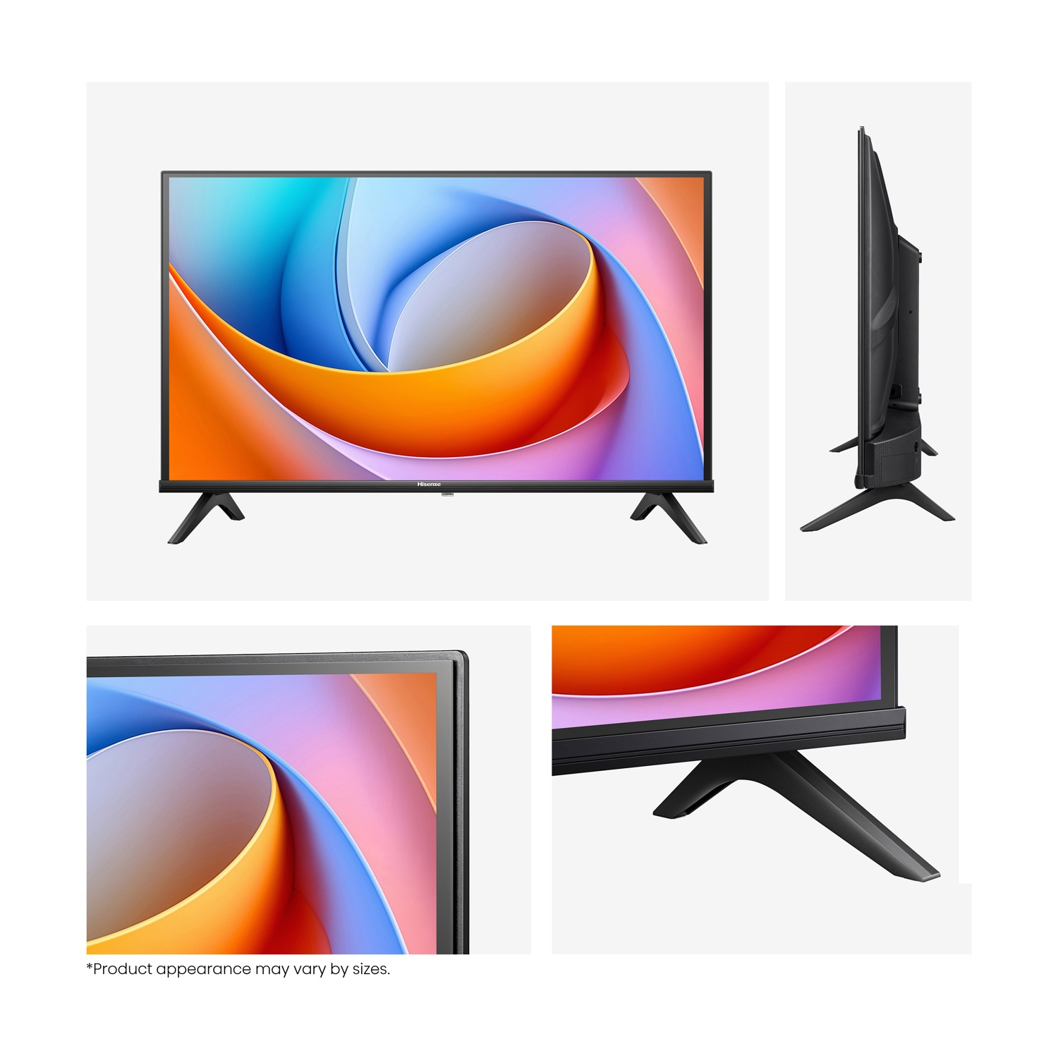 Diverse viste di una TV: frontale, laterale e primi piani del supporto.