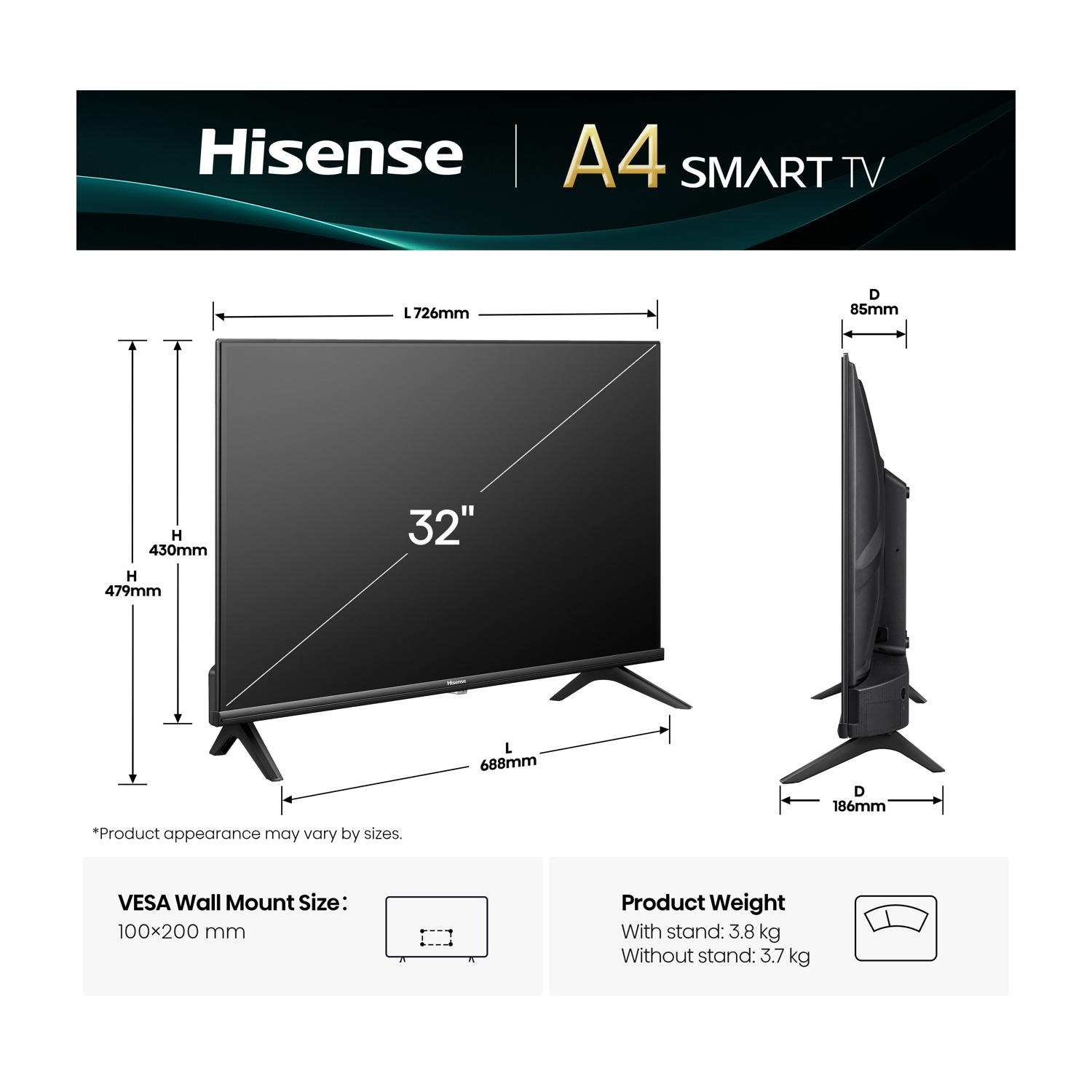 TV con specifiche tecniche, comprese dimensioni e peso.