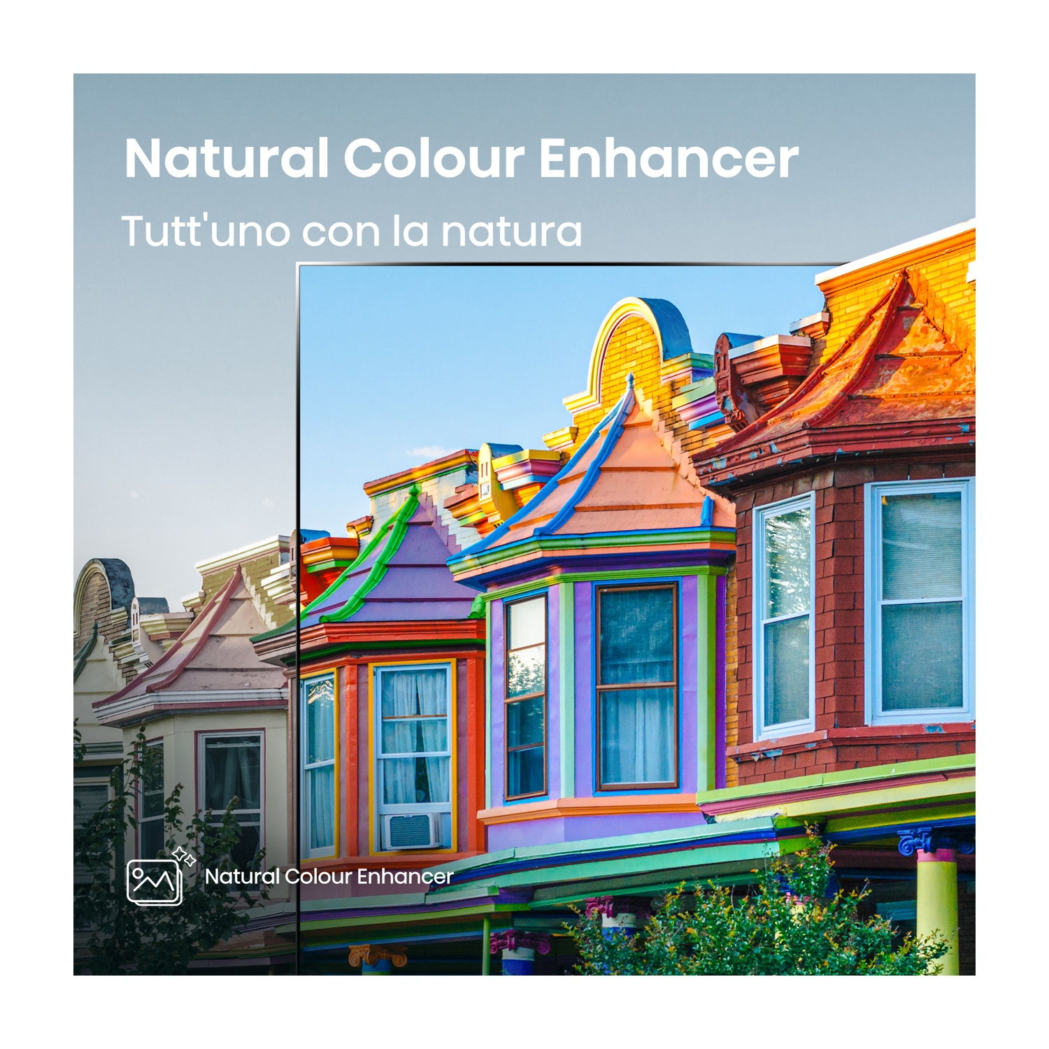 Case colorate con cielo blu. 