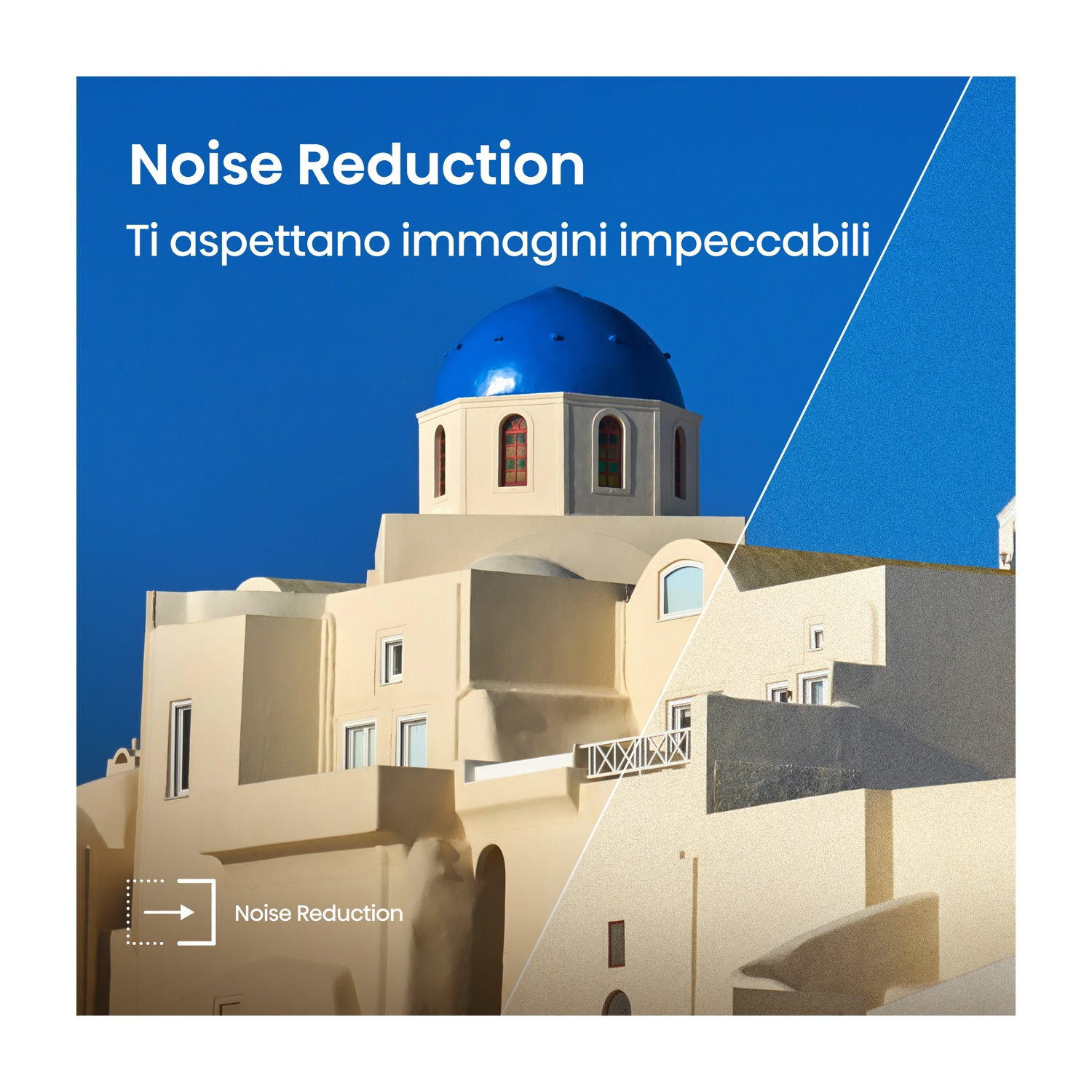 Edificio con tetto blu e testo sul miglioramento dell'immagine.