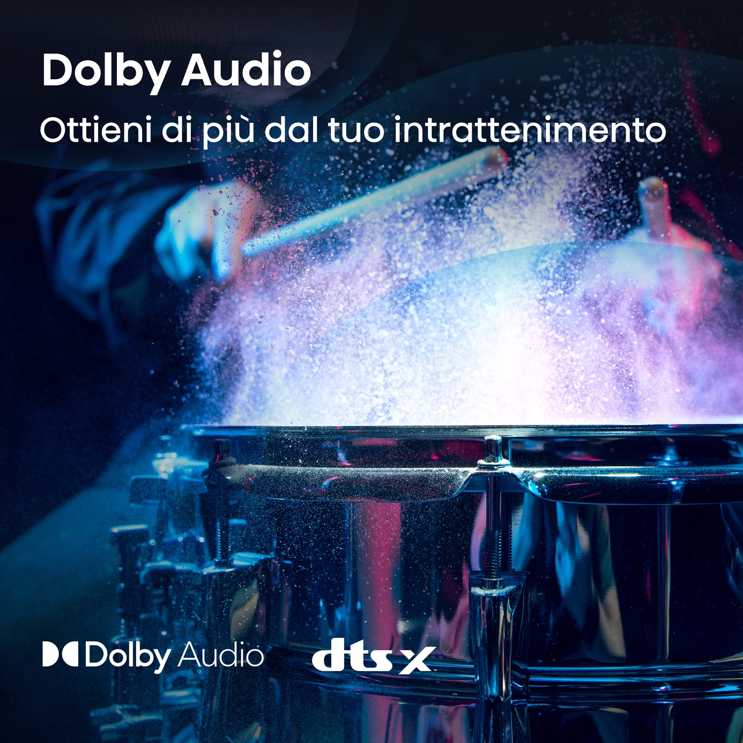 Un tamburo pieno di polvere colorata, con testo su Dolby Audio.