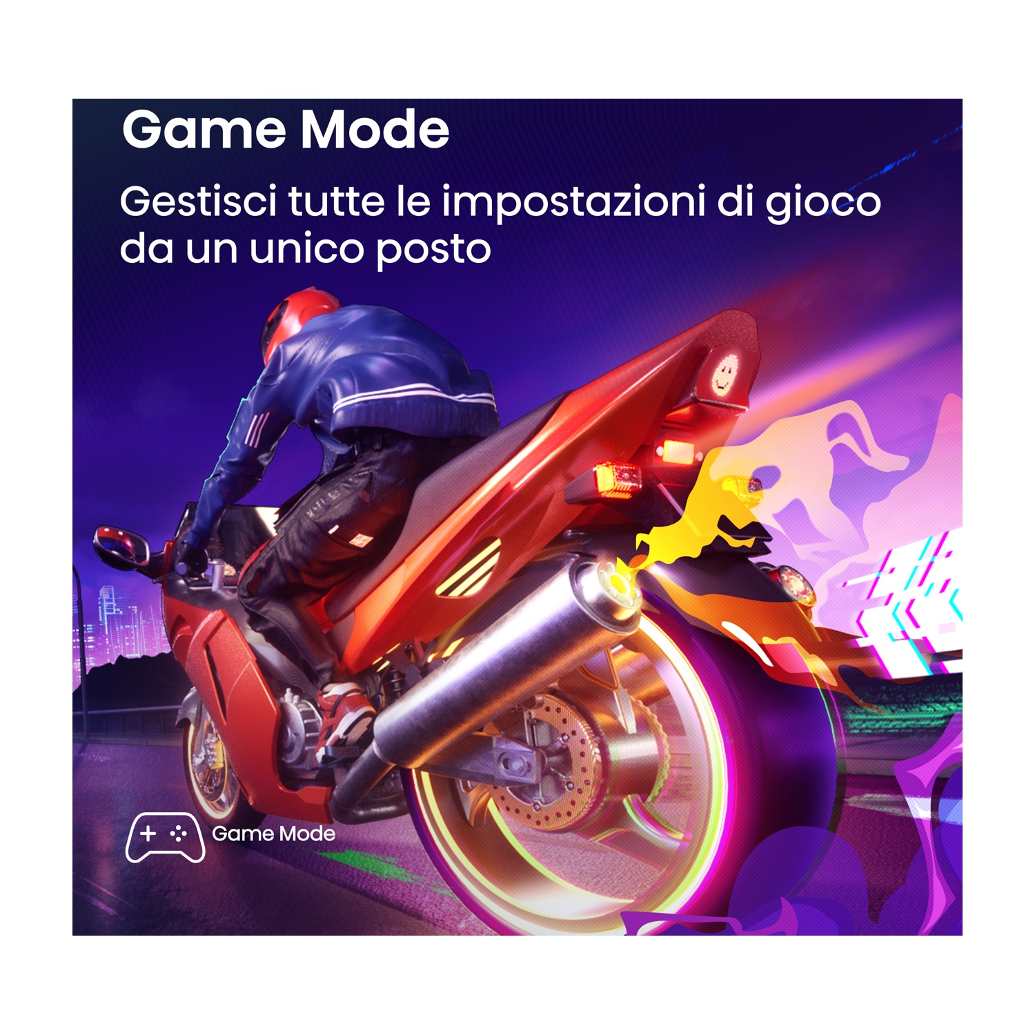 Un motociclista su una moto rossa con testo sulla modalità gioco.