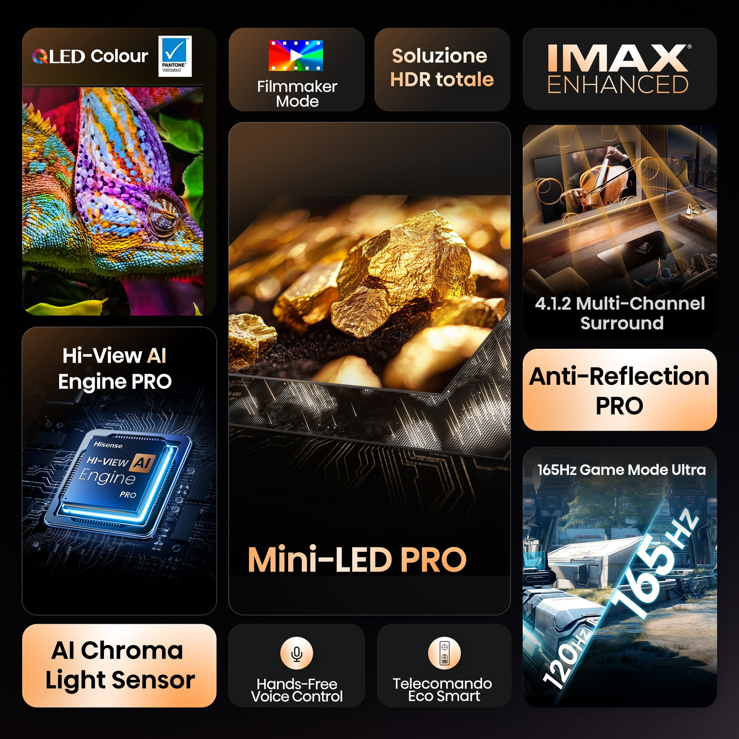 Colore QLED, Filmmaker Mode, soluzione HDR, IMAX Enhanced, Hi-View AI Engine PRO, Mini-LED PRO, AI Chroma, 165Hz.