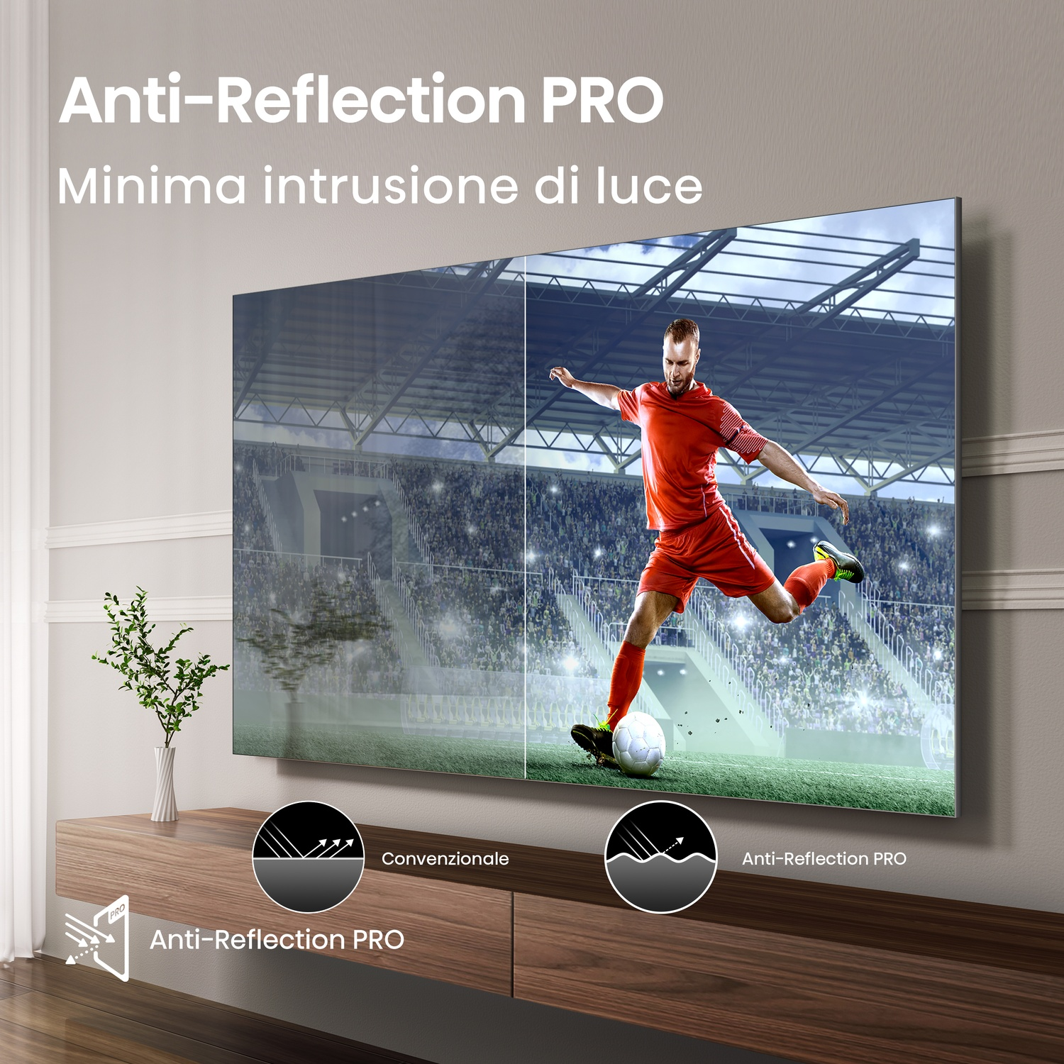 Giocatore di calcio che calcia il pallone davanti alla TV. Confronto: Convenzionale vs. Anti-Riflesso PRO. Schermo mostra gioco.