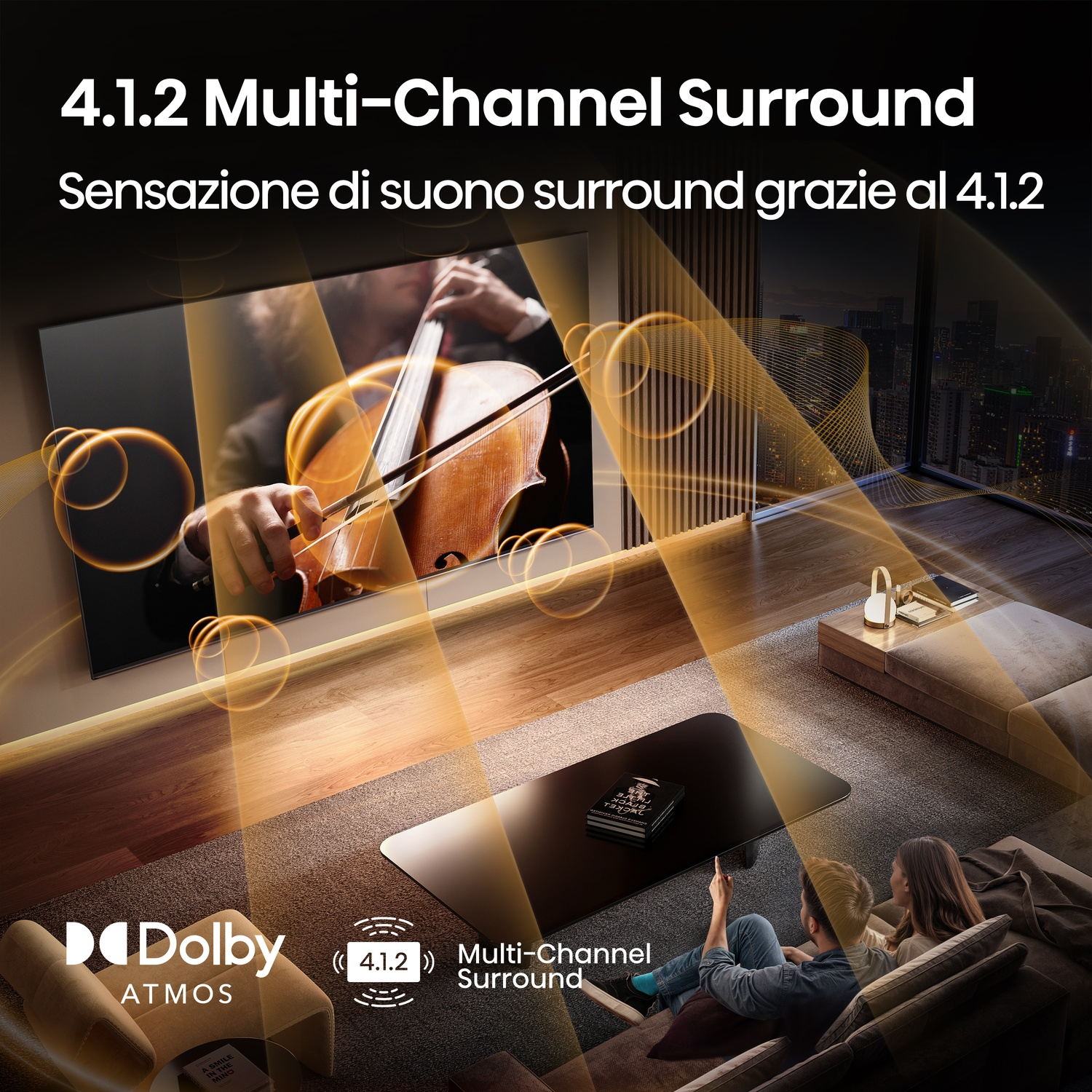 Suono surround multicanale 4.1.2. Persone davanti alla TV, godendosi Dolby Atmos. Strumenti musicali sullo sfondo.