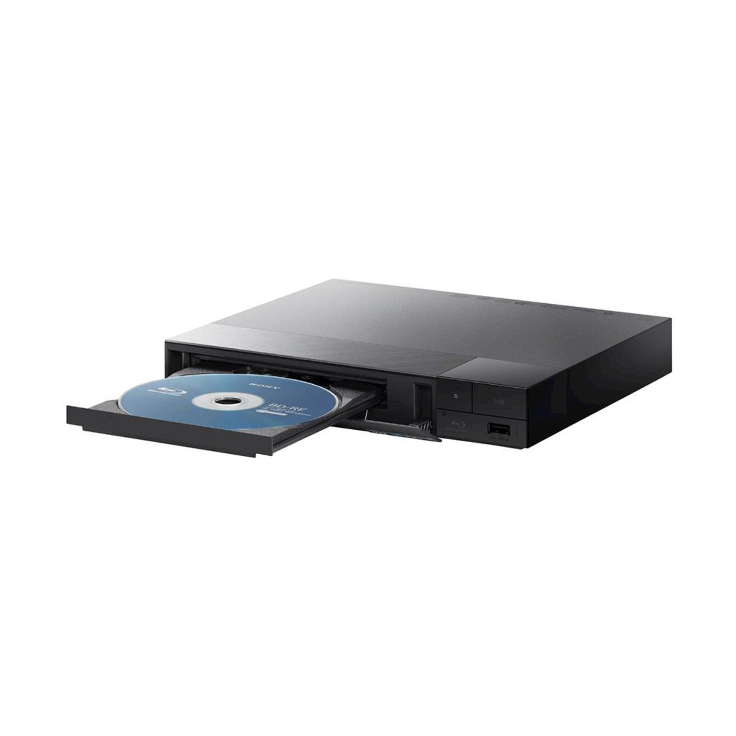 Un lettore Blu-ray nero con un disco Blu-ray che viene estratto, con il logo Sony.