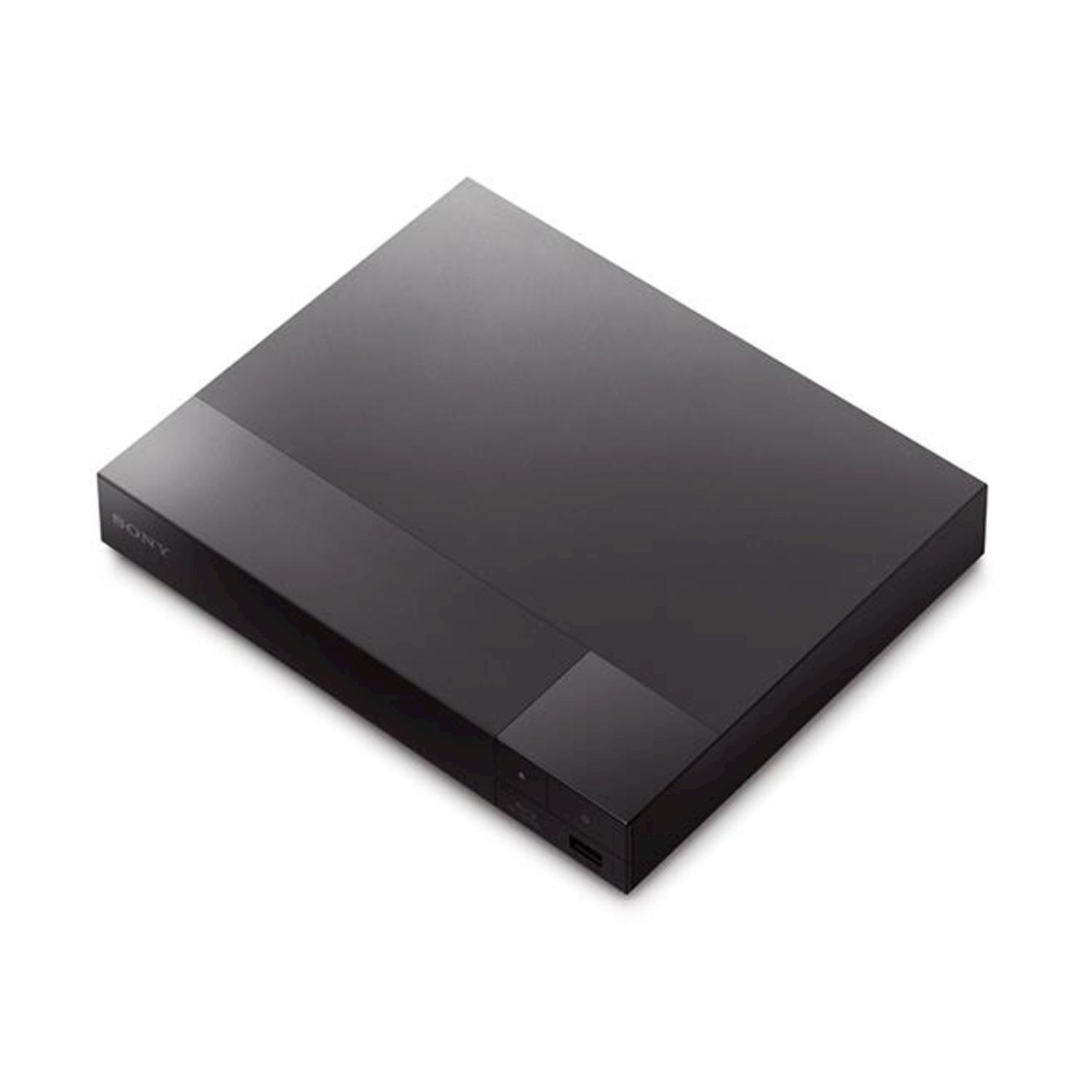 Un lettore Blu-ray nero, leggermente storto su una superficie bianca, con il logo Sony.
