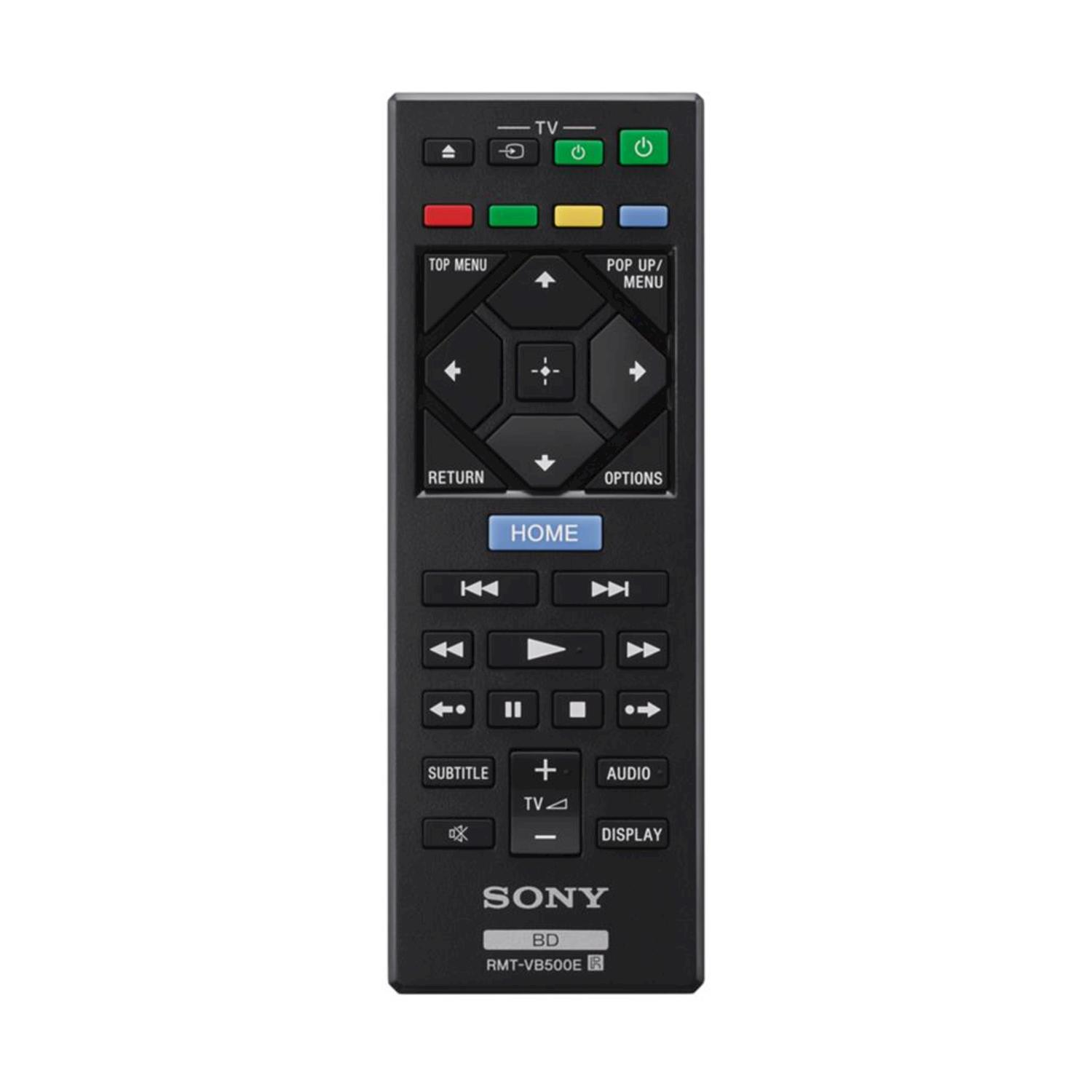 Un telecomando Sony con molti pulsanti, inclusi i tasti direzionali e il pulsante Home.