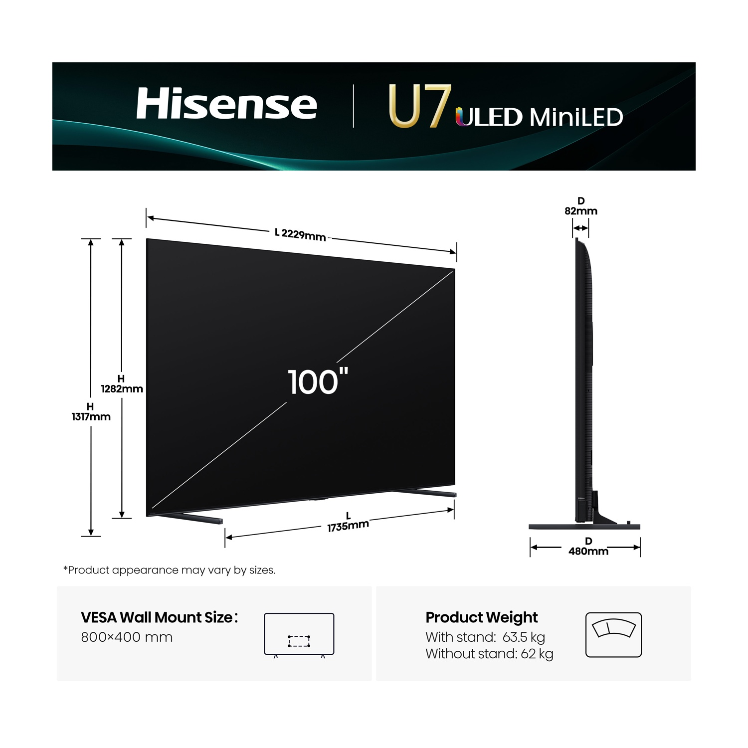 Vista laterale di un televisore con dimensioni e il logo Hisense U7 ULED MiniLED.