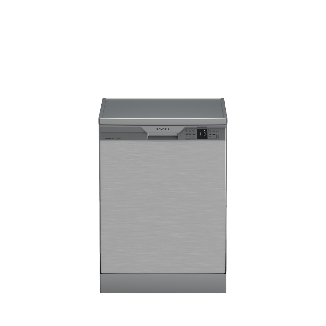 Siyah arka plan üzerinde kontrol panelli gümüş Grundig bulaşık makinesi.