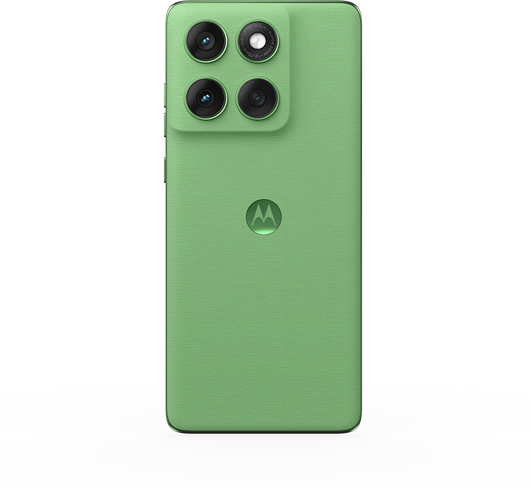 Zöld okostelefon hátlapja négy kamerával és a Motorola logóval.