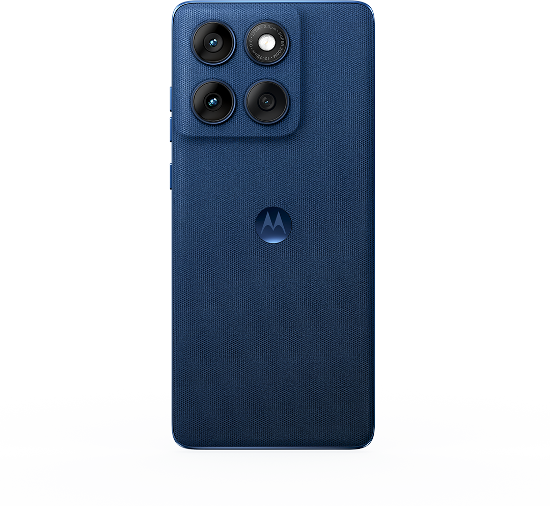 Kék okostelefon hátlapja, négy kamera és Motorola logó, enyhén ferdén.