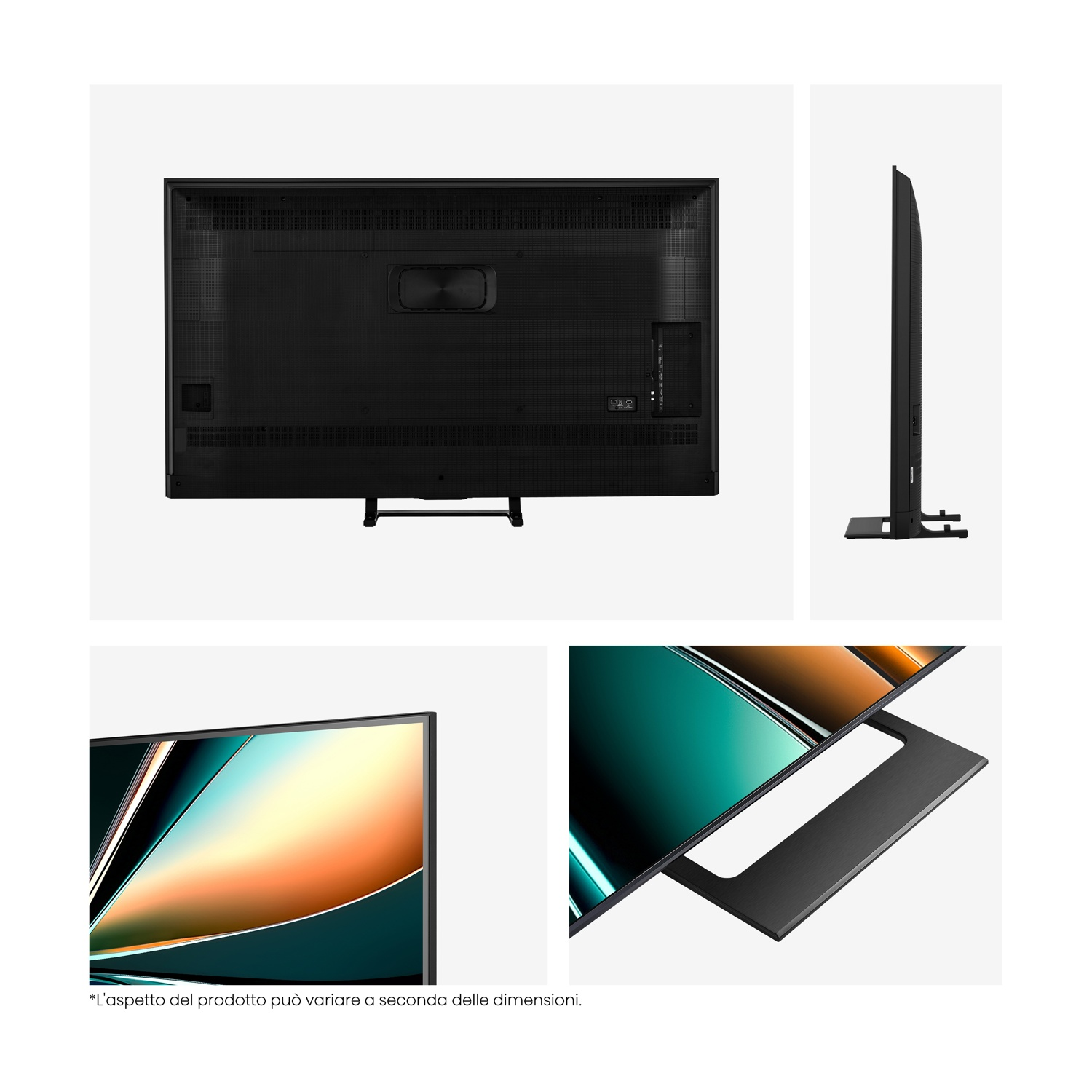 Tre viste di una TV nera: retro, laterale e un primo piano della superficie dello schermo.