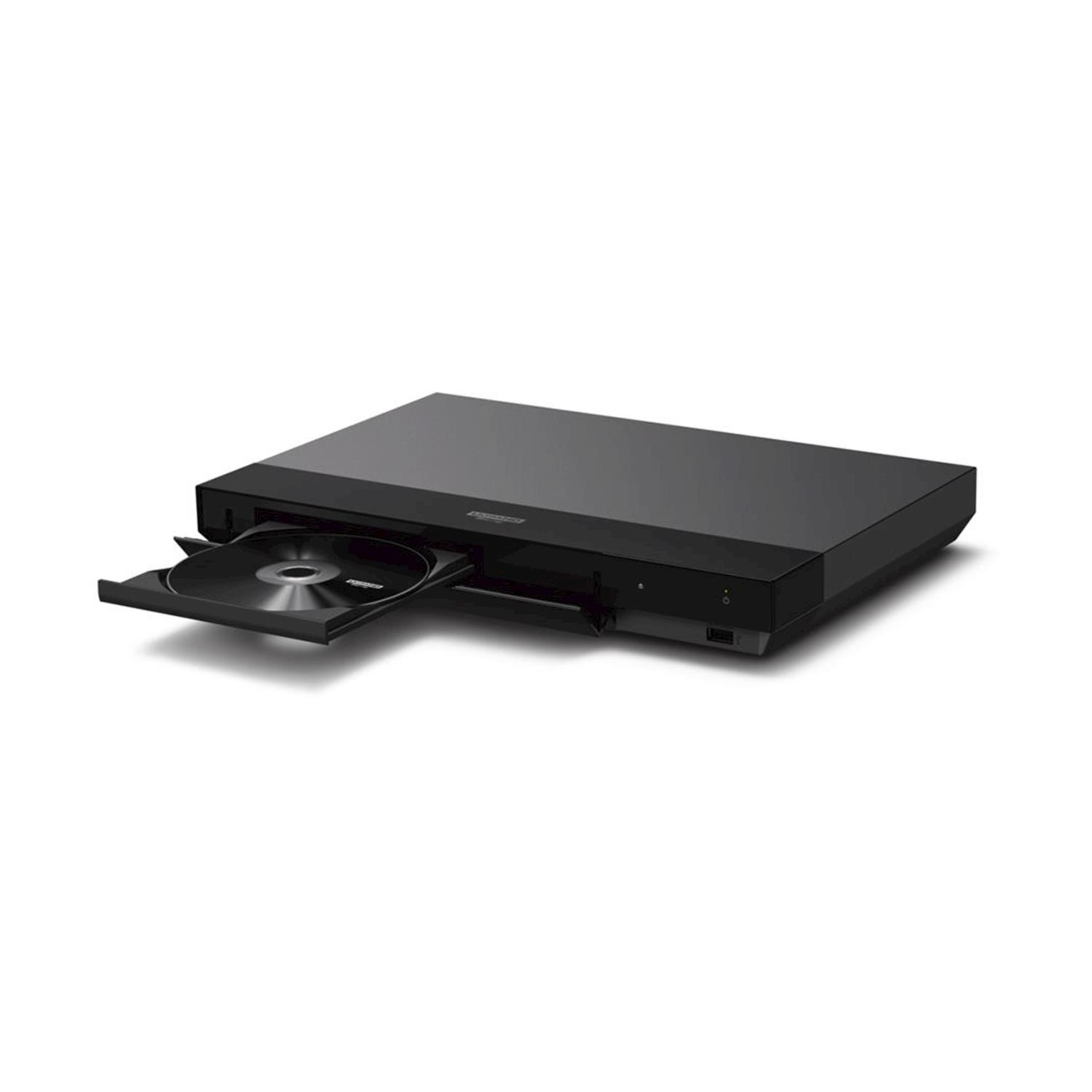 Lettore Blu-ray nero con vassoio aperto e disco. Isolato su sfondo bianco.