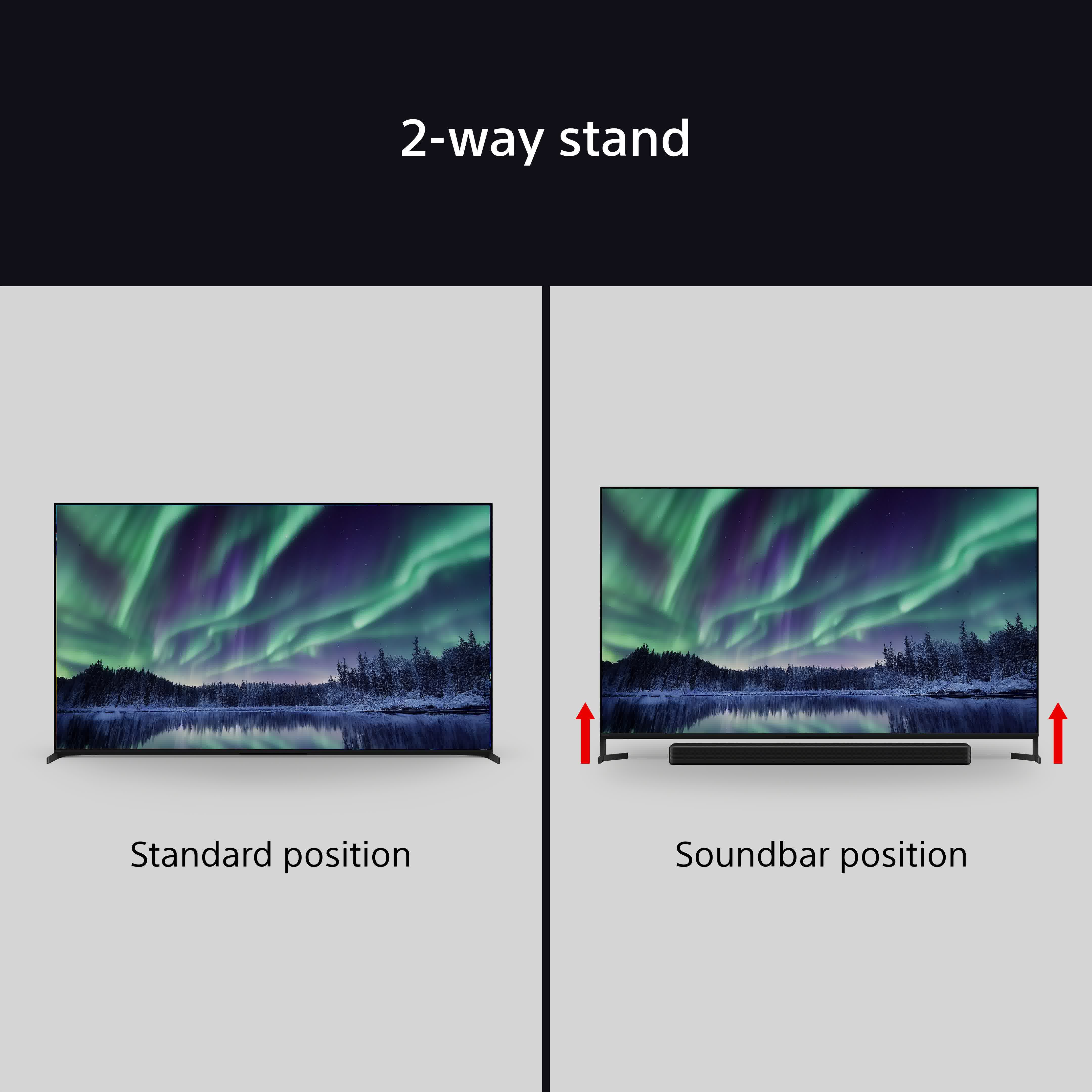Zwei Fernseher mit unterschiedlichen Standfuß-Positionen: Standard und Soundbar-Position.