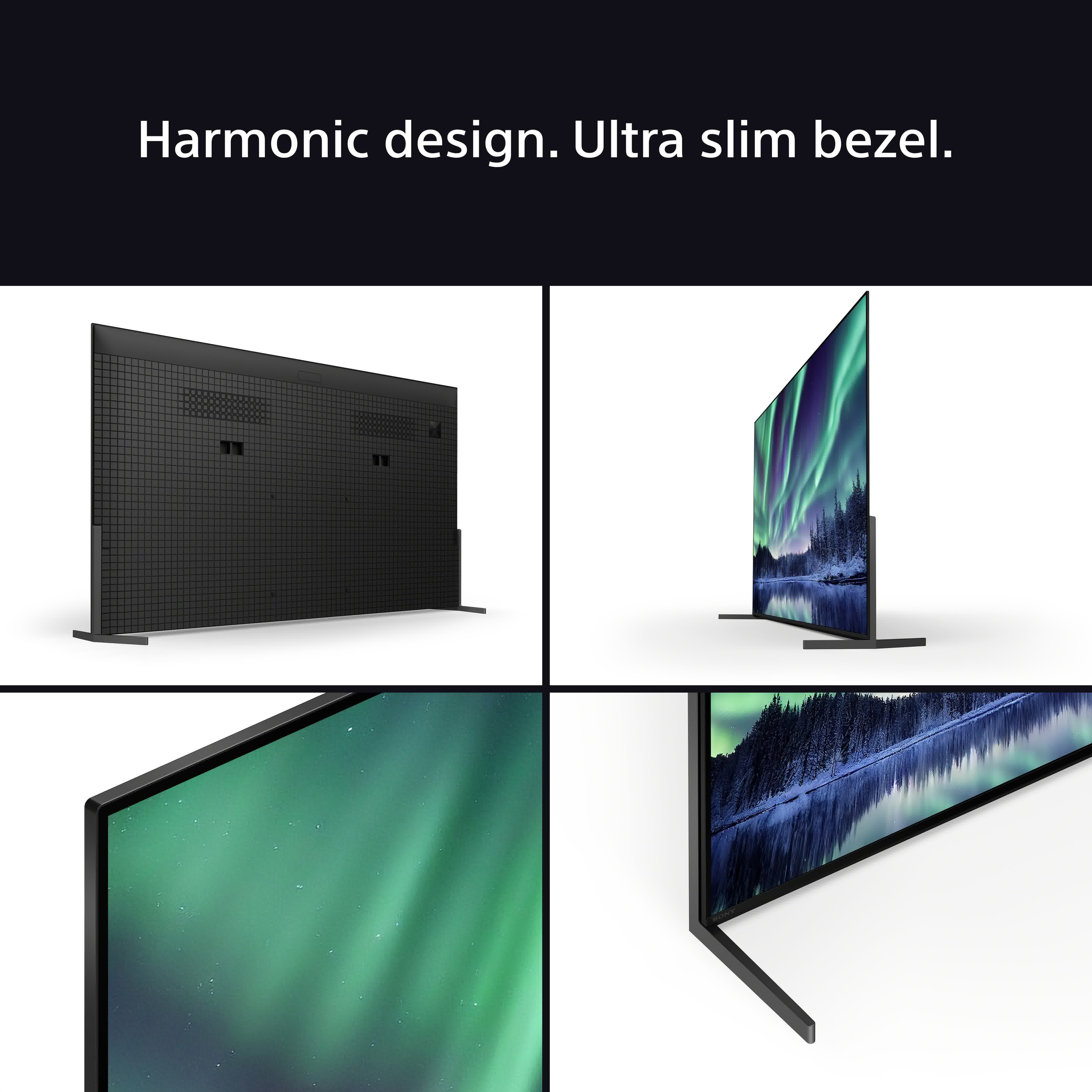 Varie viste di una TV, tra cui la parte posteriore, la vista laterale e i dettagli in primo piano.