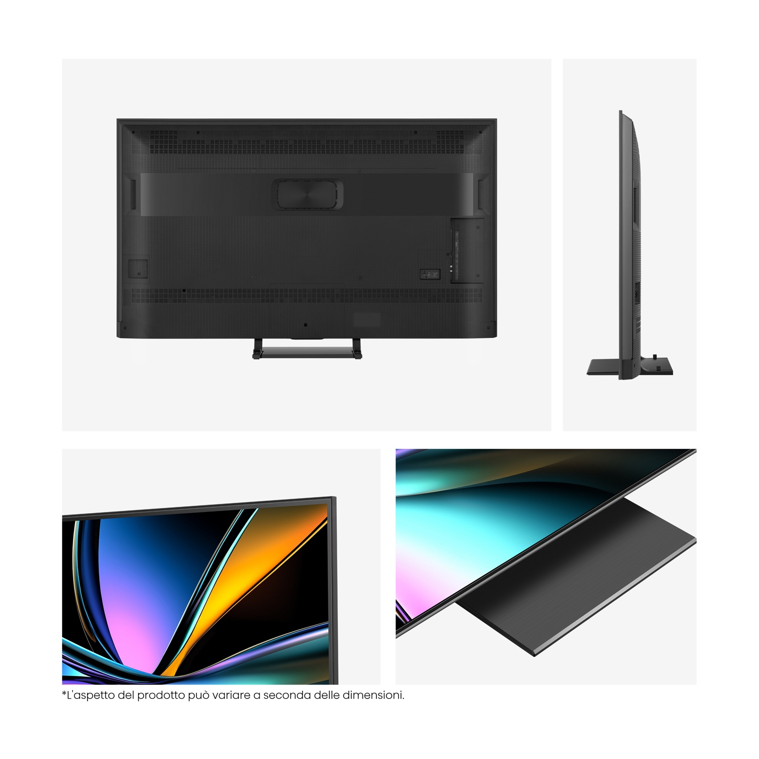 Varie viste di un TV, tra cui retro e laterale, su sfondo bianco.