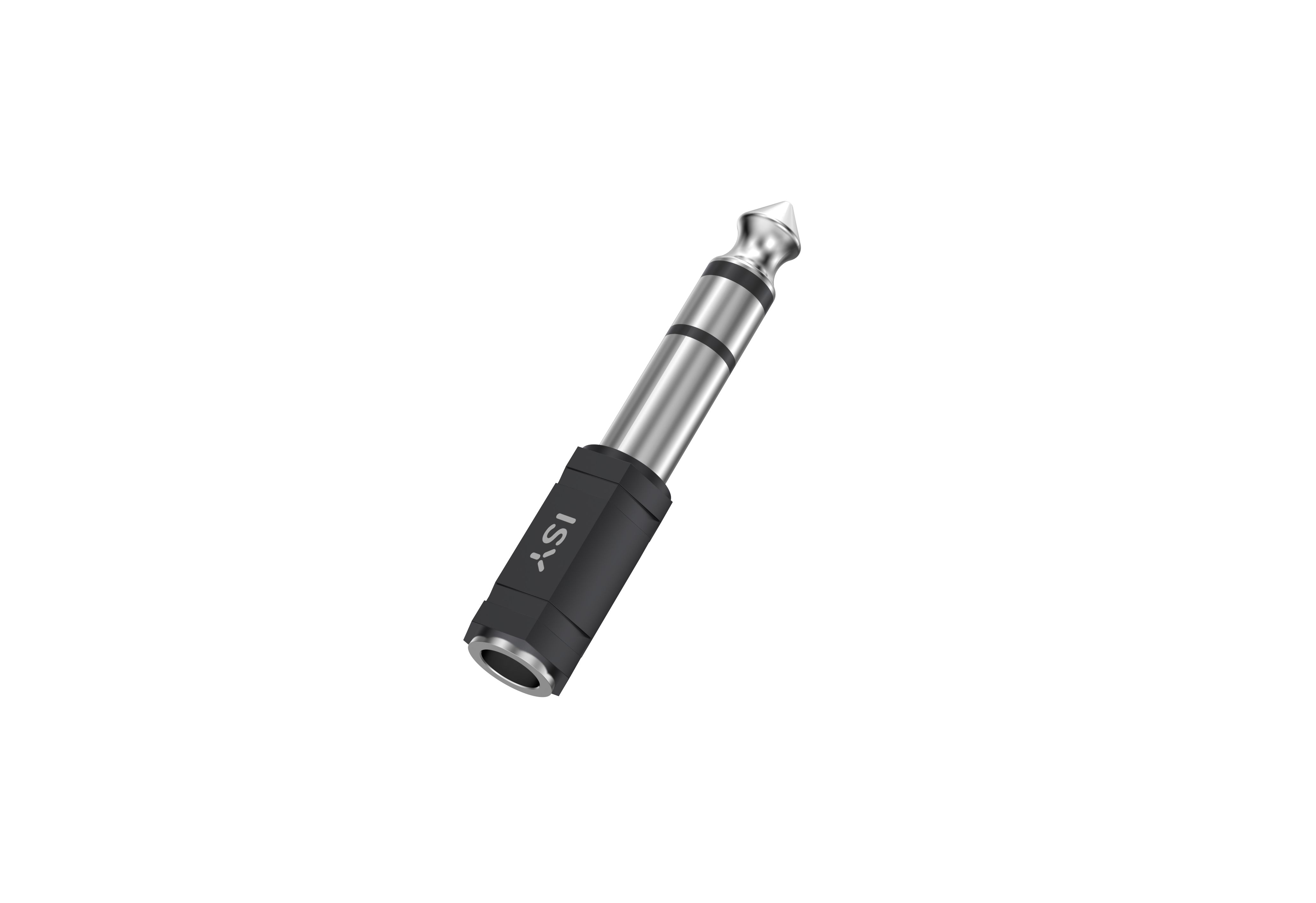 Czarny adapter ze srebrną wtyczką, logo ISY. Na czarnym tle. Do audio.