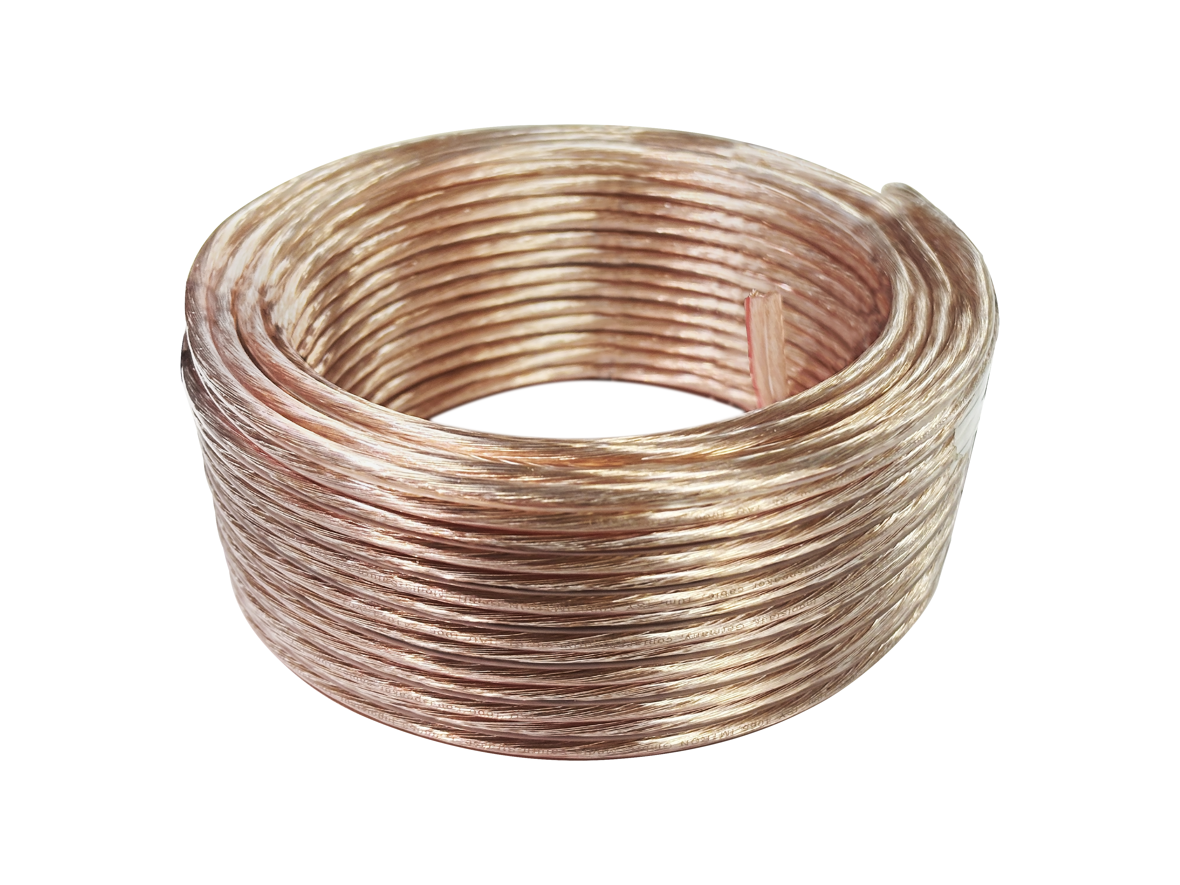 Zwinięty kabel głośnikowy, przezroczysty, na białym tle. Informacje o produkcie, tekst i logo ISY.