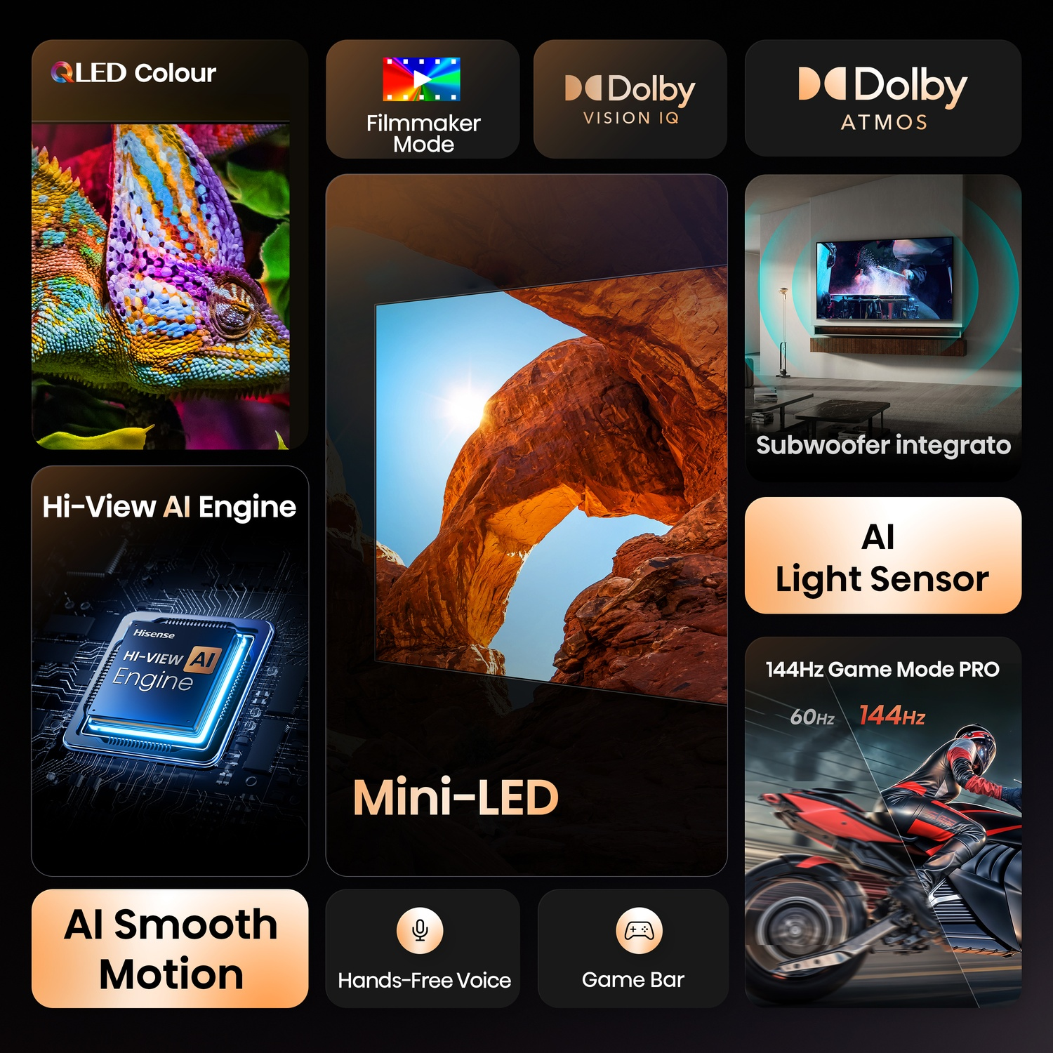 Caratteristiche TV: Colore QLED, Modalità Filmmaker, Dolby Vision IQ, Dolby Atmos, Hi-View AI Engine.