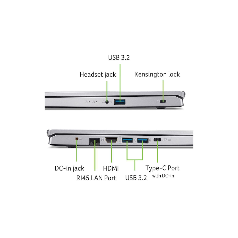 Vista del portátil mostrando puertos: USB 3.2, conector de auriculares, bloqueo Kensington, DC-in, RJ45, HDMI y Tipo-C.