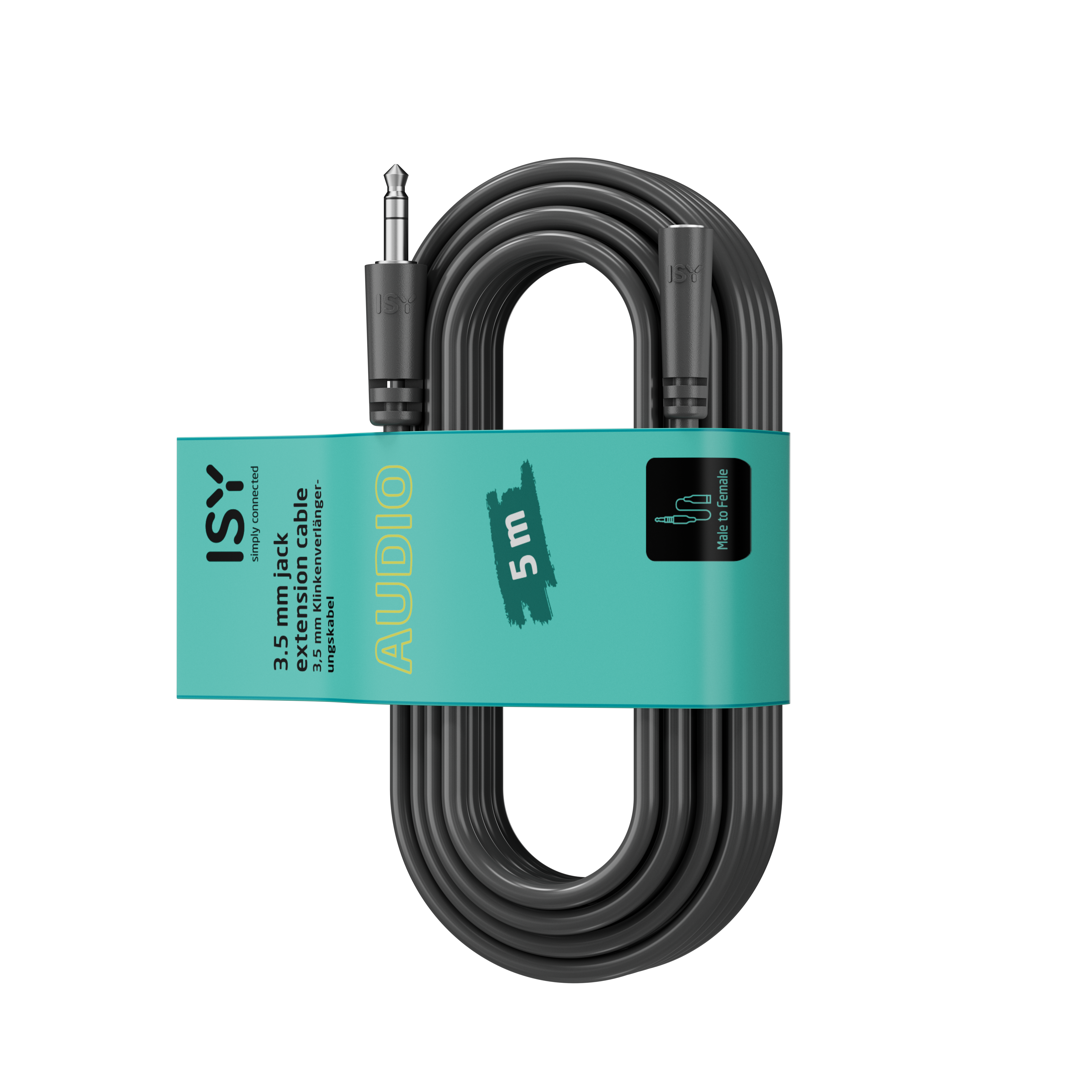 Schwarzes Audiokabel, aufgerollt, mit grüner Verpackung. Aufschrift 'AUDIO' und '5 m'. Stecker an beiden Enden.