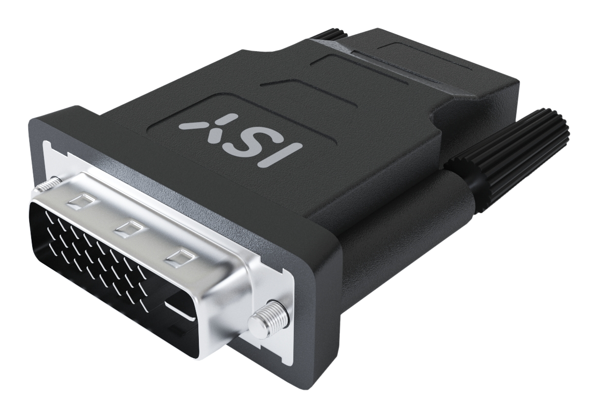 Connecteur DVI noir avec le logo ISY. Broches et vis argentées. Pour la connexion à un appareil.