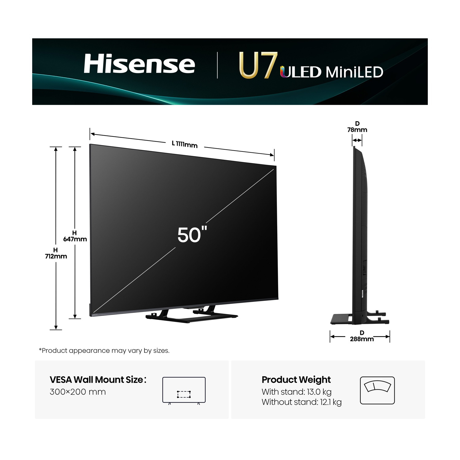 TV Hisense U7 ULED MiniLED. Vengono visualizzate dimensioni e peso. Su sfondo bianco.