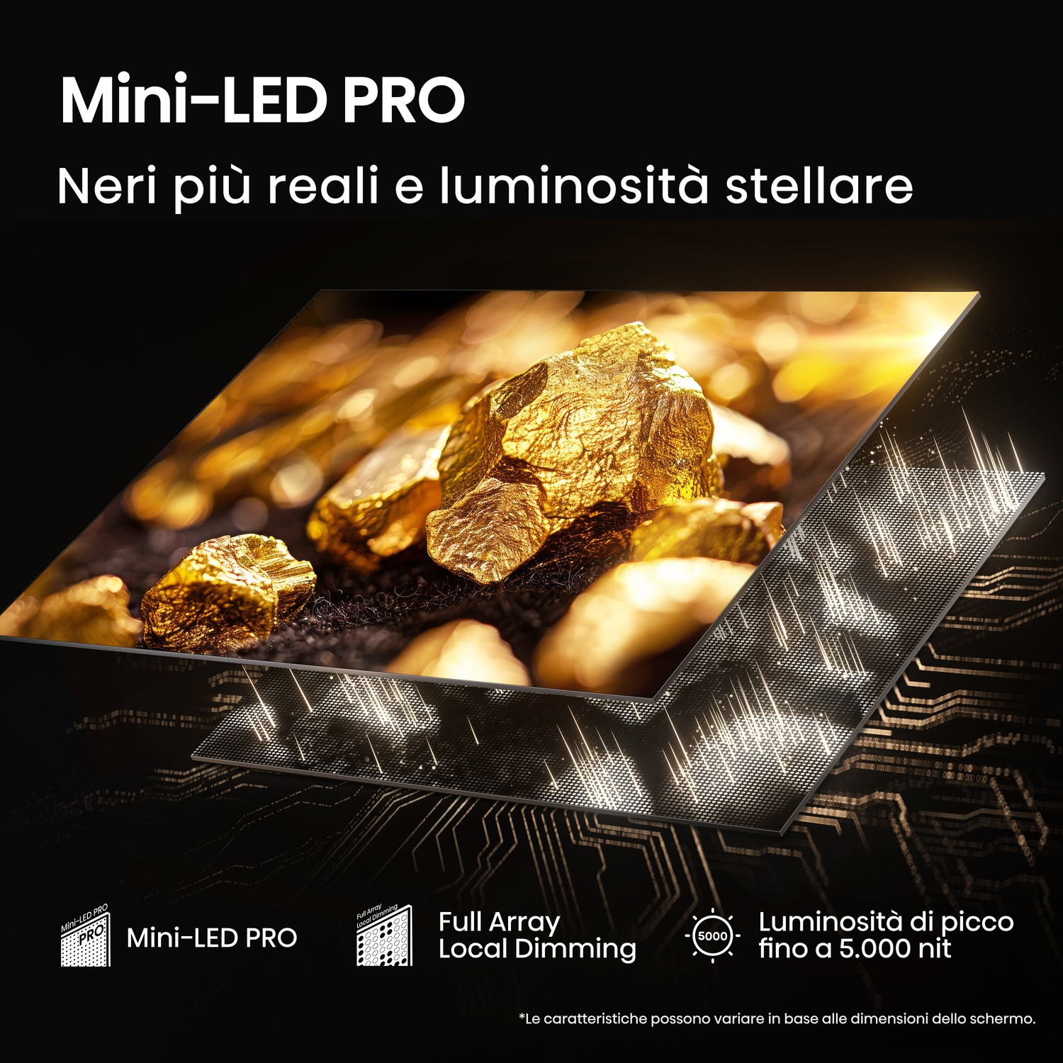 Barre d'oro a strati. Testo: Mini-LED PRO, Full Array Local Dimming, fino a 5.000 nit.