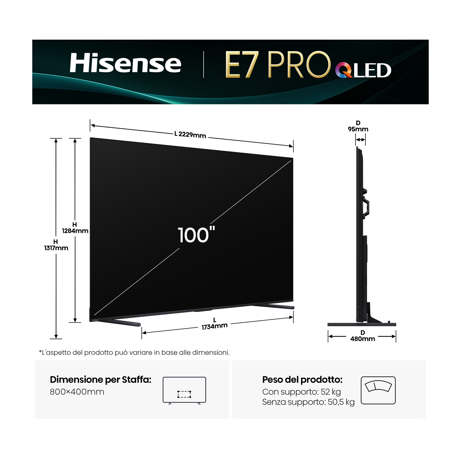 Diagramma di un TV da 100 pollici con dimensioni e peso. Il logo Hisense E7 PRO QLED è visibile in alto.