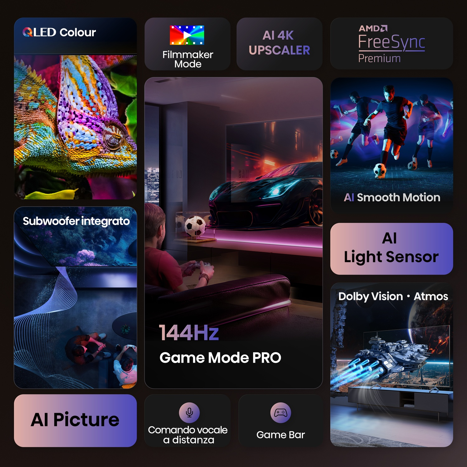 Varie funzionalità di un TV vengono visualizzate: QLED, Filmmaker Mode, AI 4K Upscaler e 144Hz Game Mode Pro.