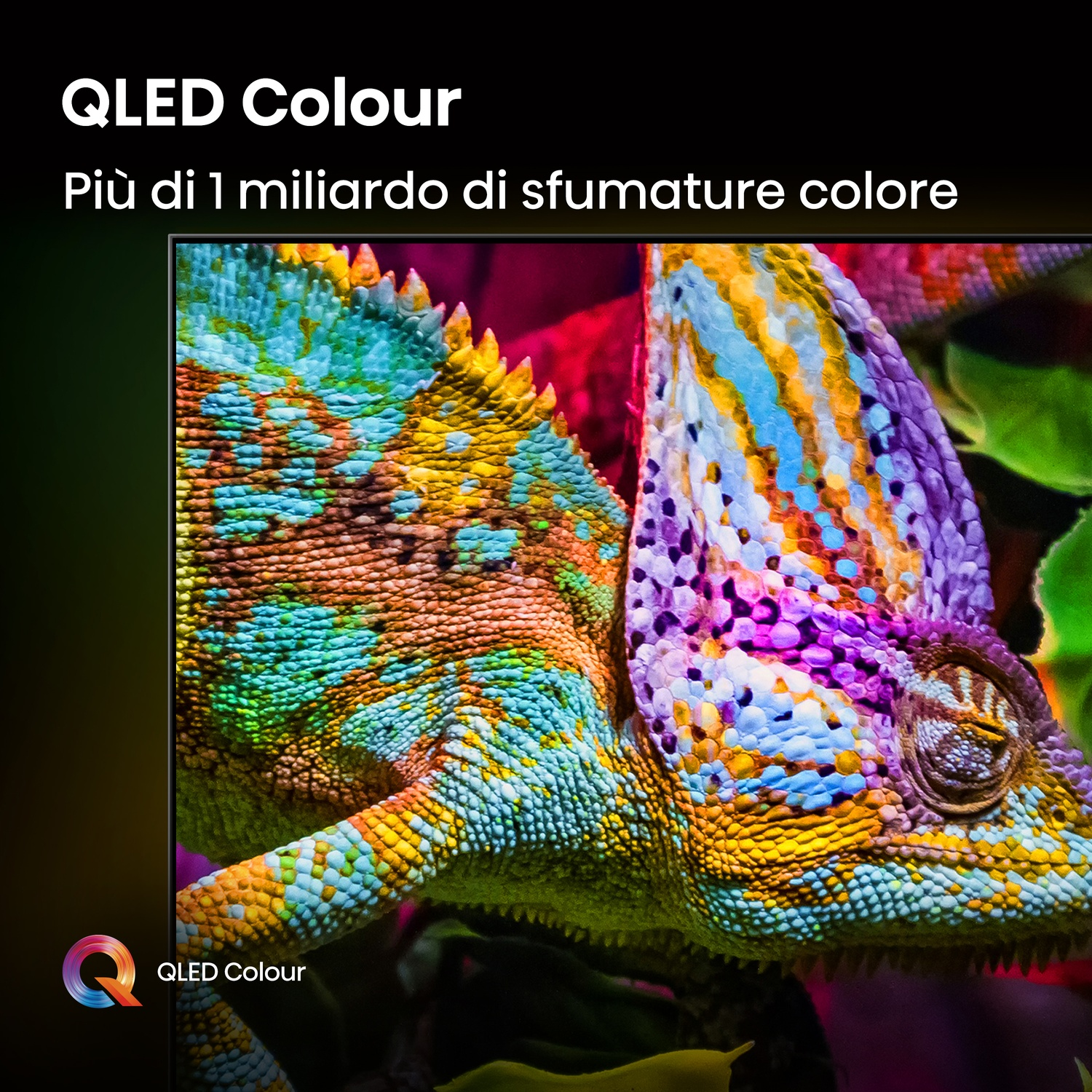 Un camaleonte con molti colori. Il testo mostra QLED Colour, per oltre 1 miliardo di colori.