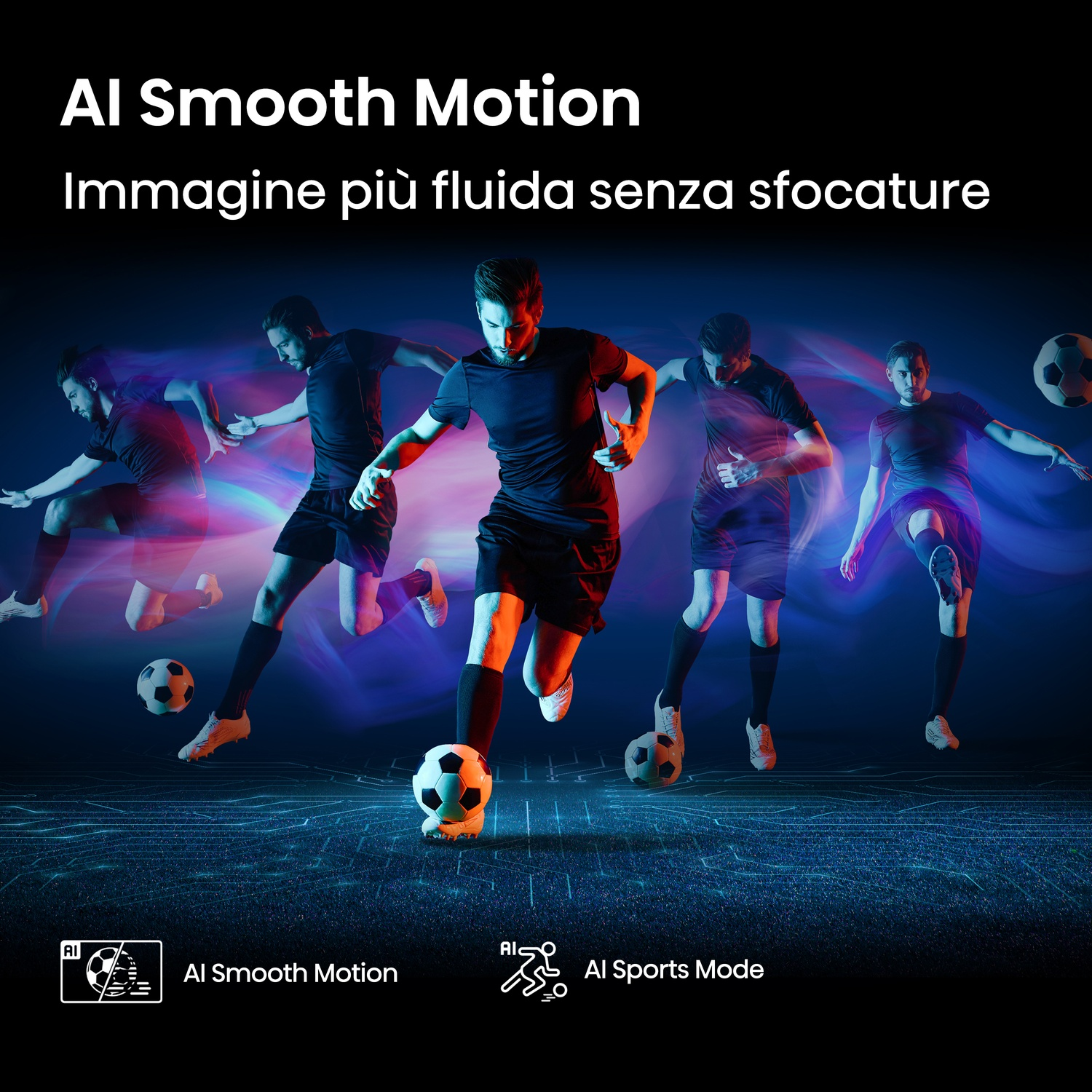 Giocatori di calcio in movimento su uno schermo, con AI Smooth Motion. Lo sfondo è blu.
