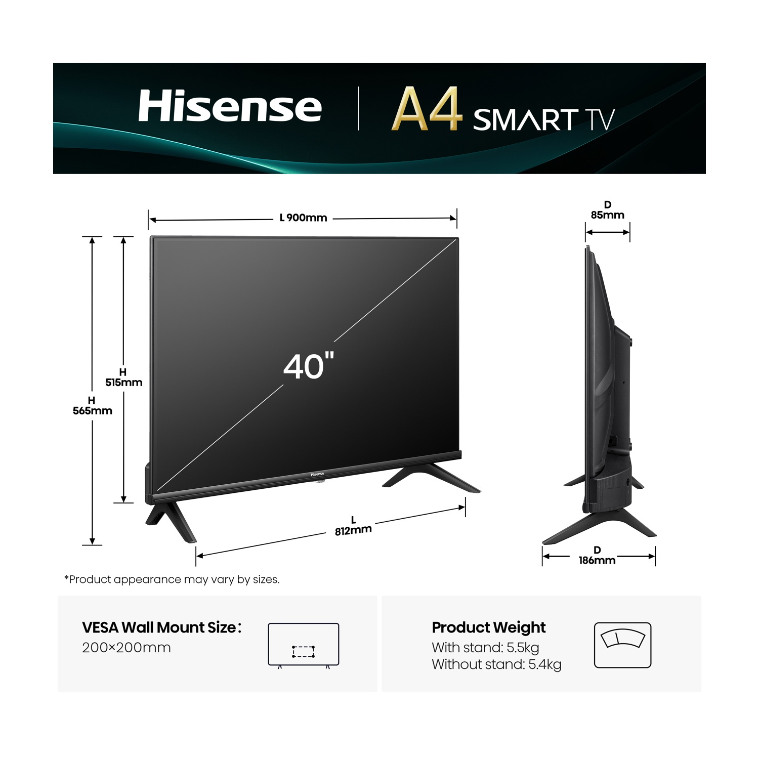 Disegno tecnico di un Smart TV Hisense da 40 pollici con dimensioni, inclusi supporto e montaggio VESA.