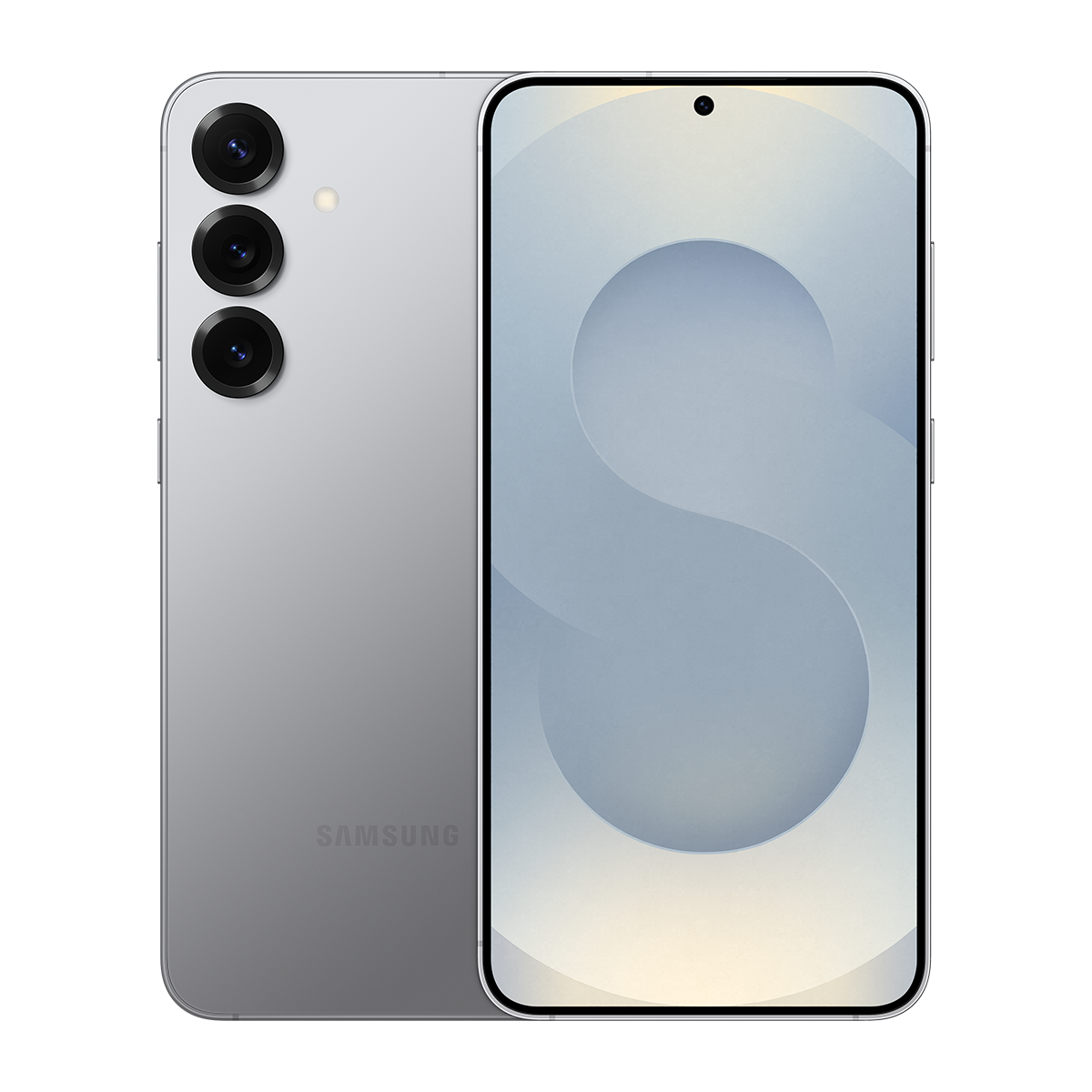 Üç kamerası ve Samsung logosu olan gümüş bir akıllı telefon, yanında parlak desenli ekran.